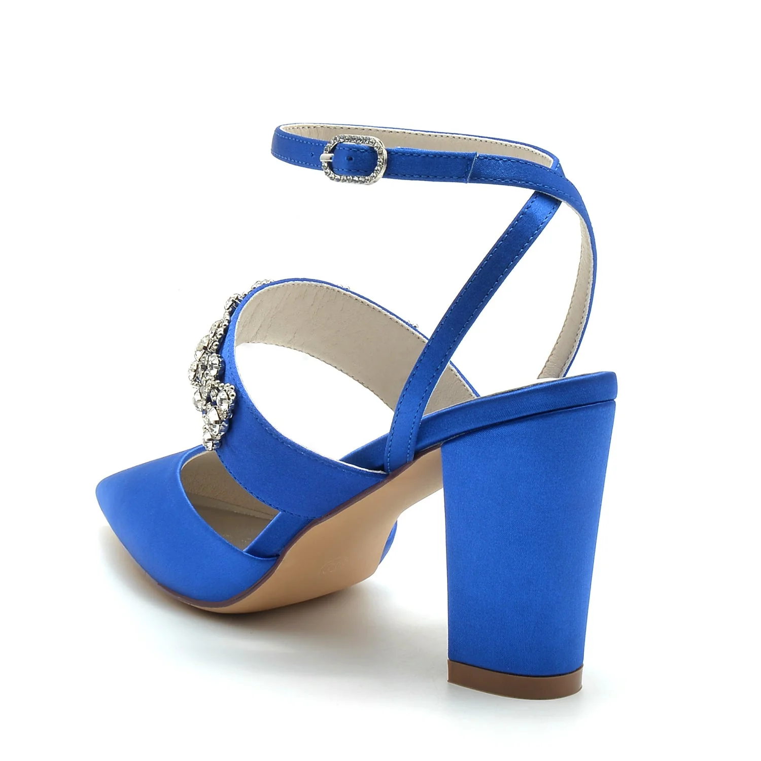 Women's Silk Ankle Strap Satin With Rhinestone Closed Toe Chunky Heel Evening Shoes - Image 2