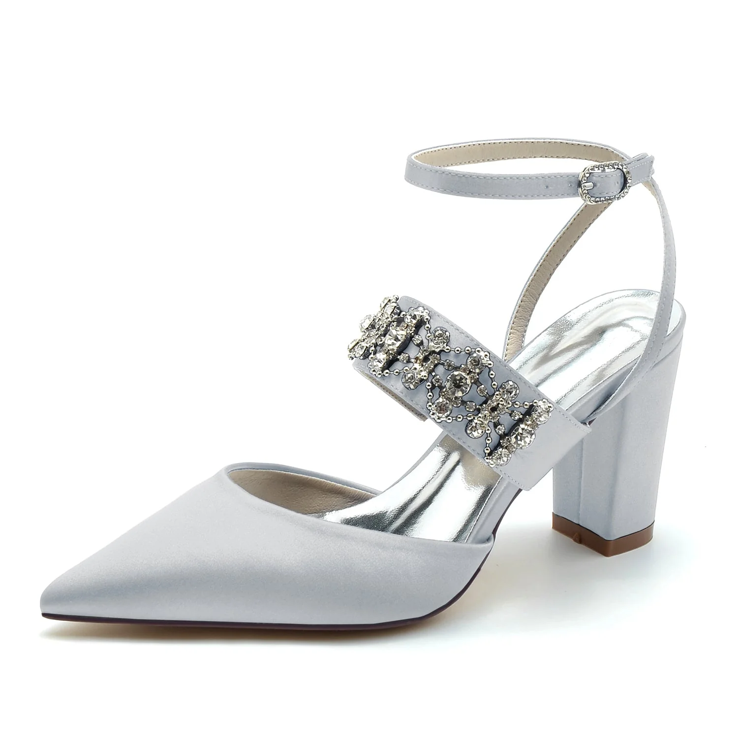 Women's Silk Ankle Strap Satin With Rhinestone Closed Toe Chunky Heel Evening Shoes - Image 9