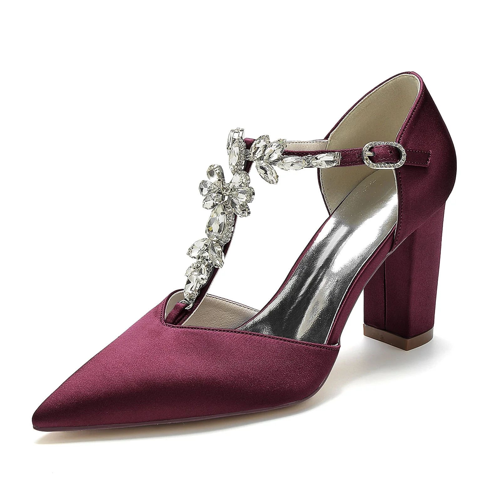 Women's Silk Satin Ankle Strap Rhinestone Chunky Heel Closed Toe Wedding Shoes - Image 12