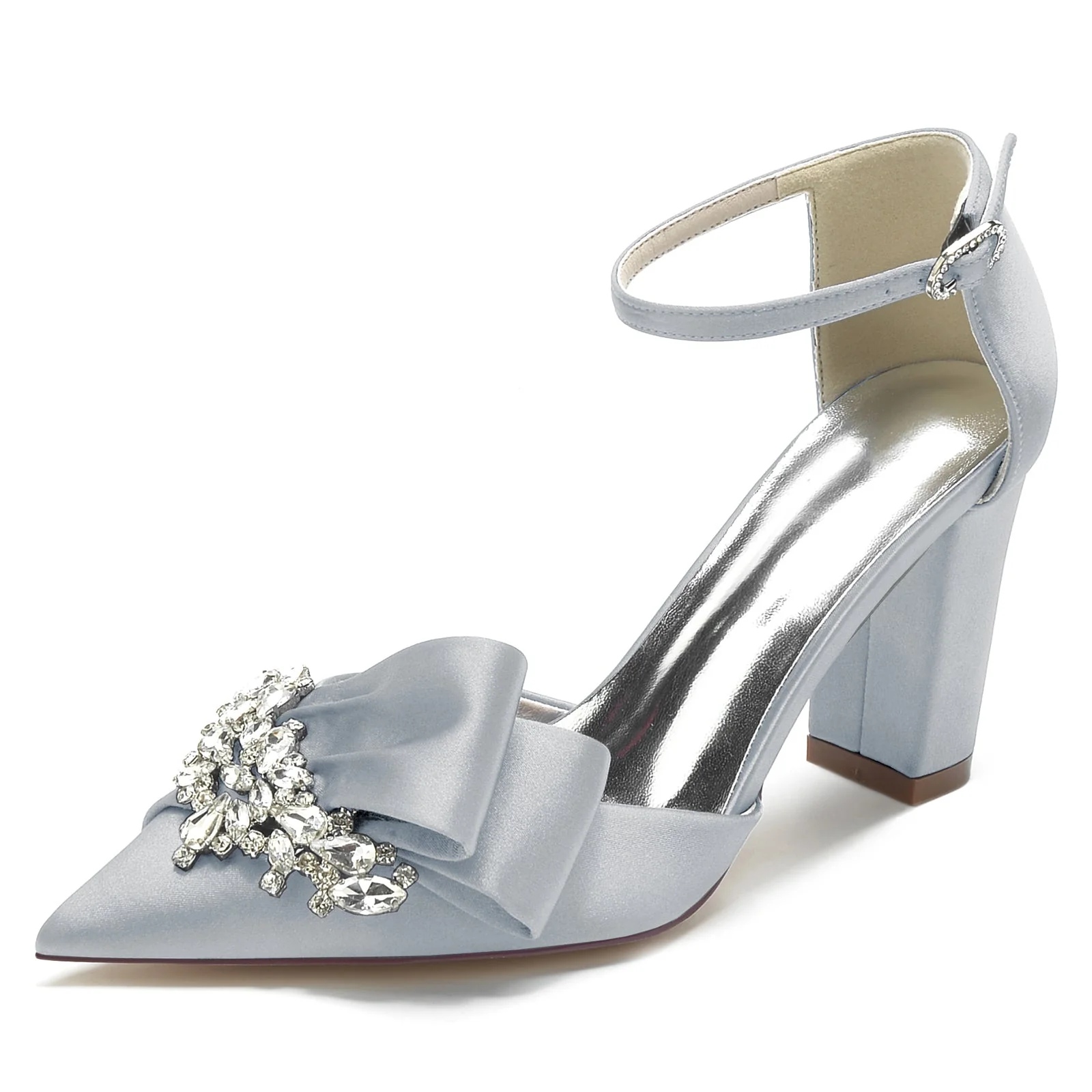 Women's Silk Satin Ankle Strap Rhinestone Closed Toe Chunky Heel Party Shoes - Image 9