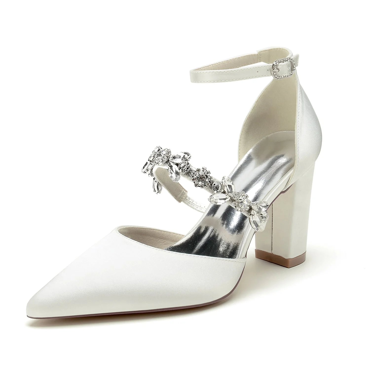 Women's Silk Satin Ankle Strap Rhinestone Closed Toe Chunky Heel Wedding Shoes - Image 10