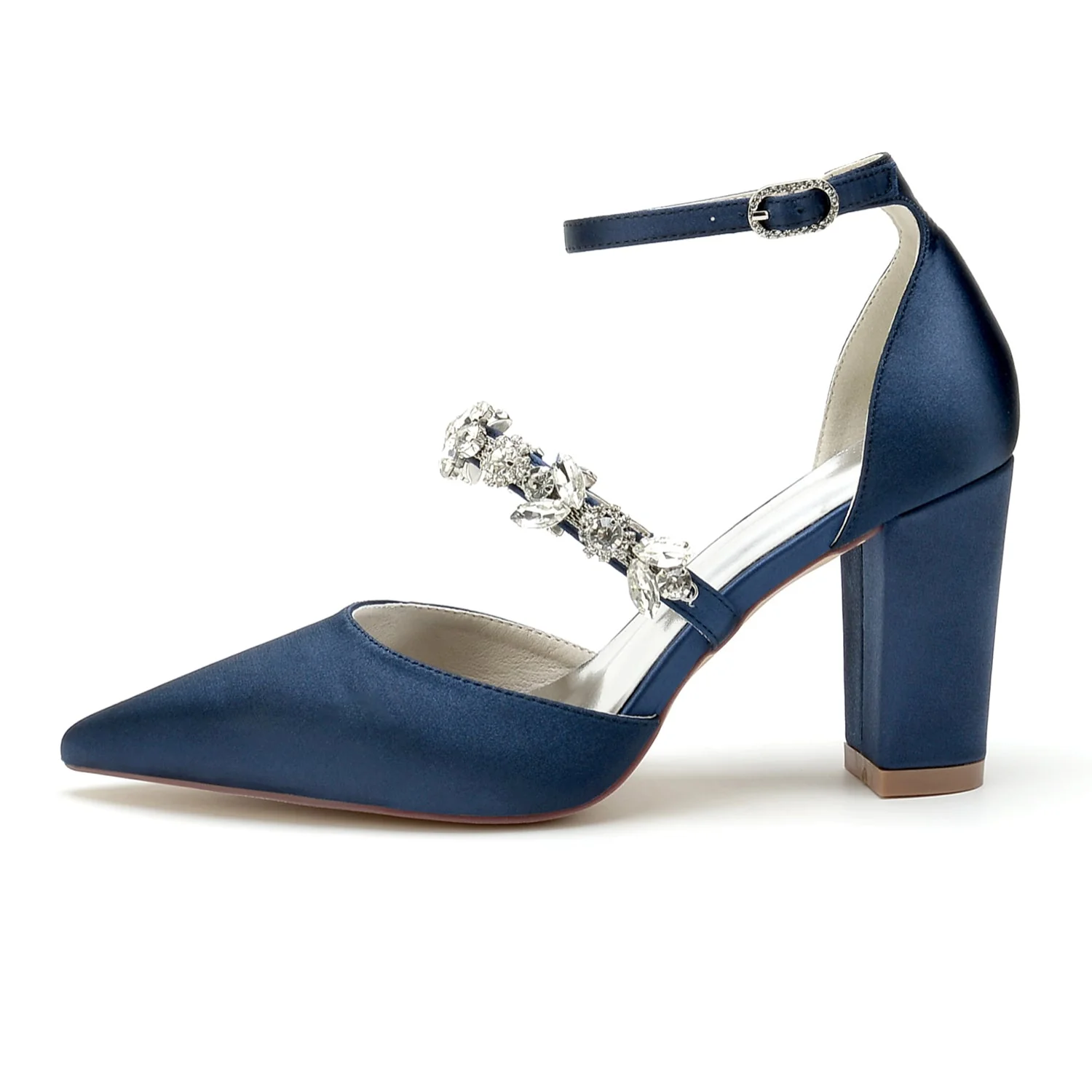 Women's Silk Satin Ankle Strap Rhinestone Closed Toe Chunky Heel Wedding Shoes - Image 19