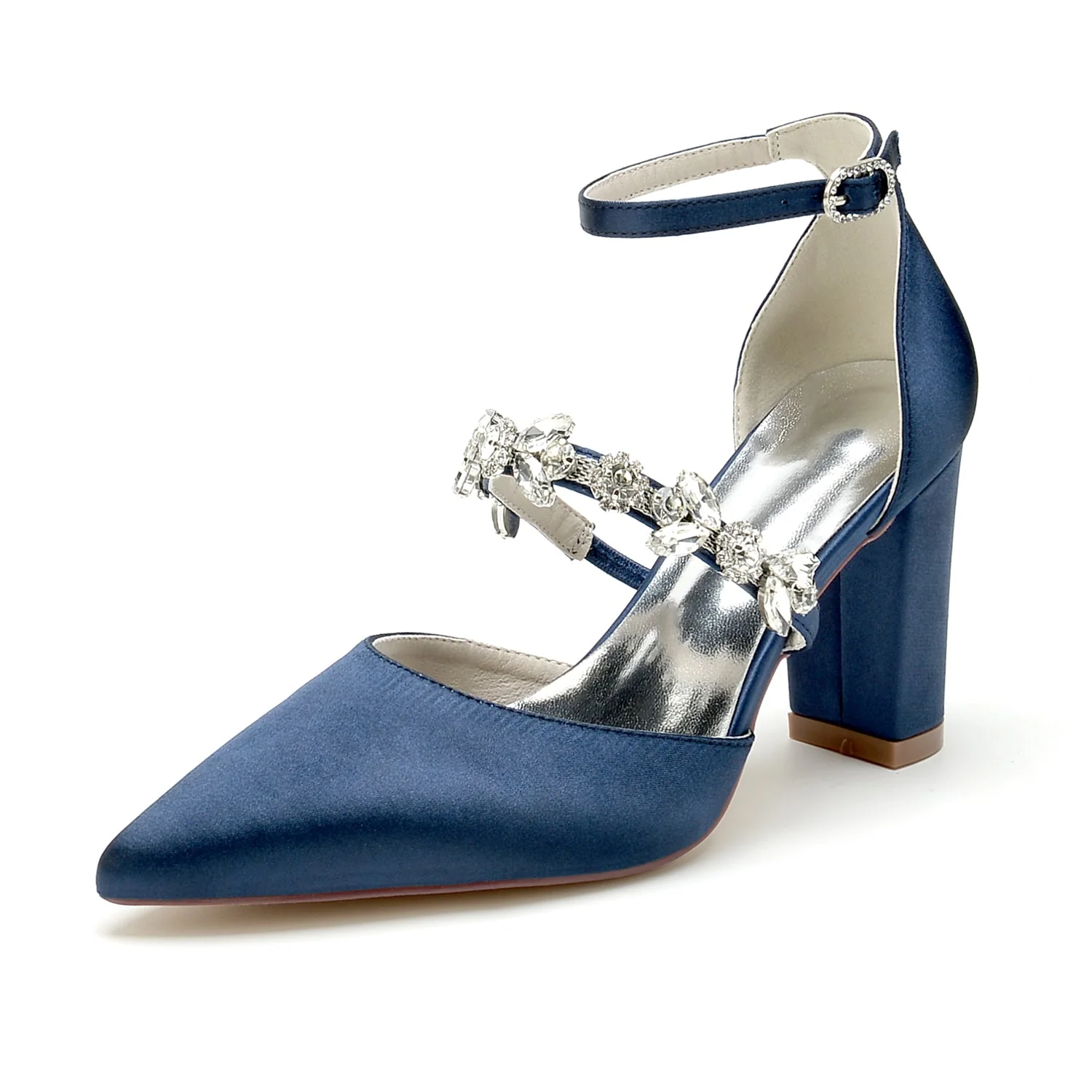 Women's Silk Satin Ankle Strap Rhinestone Closed Toe Chunky Heel Wedding Shoes - Image 20