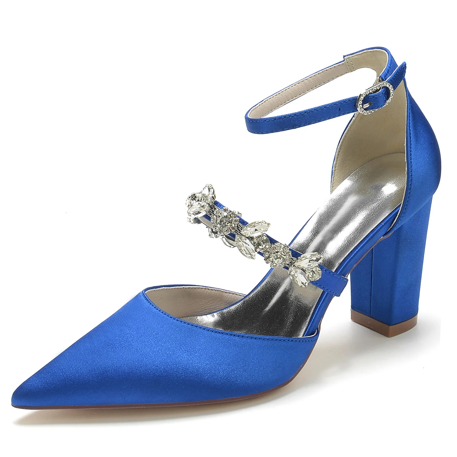 Women's Silk Satin Ankle Strap Rhinestone Closed Toe Chunky Heel Wedding Shoes - Image 25