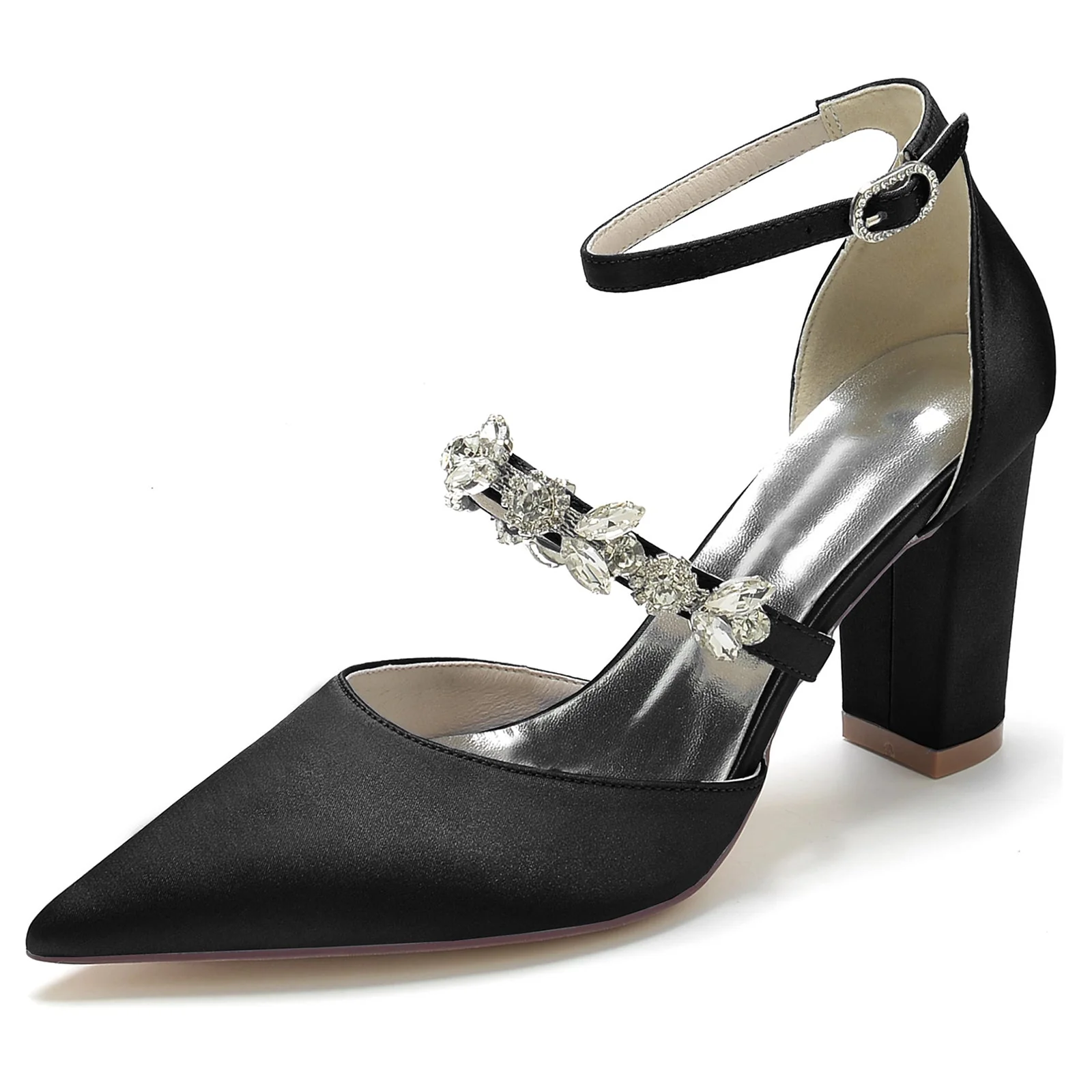 Women's Silk Satin Ankle Strap Rhinestone Closed Toe Chunky Heel Wedding Shoes - Image 9