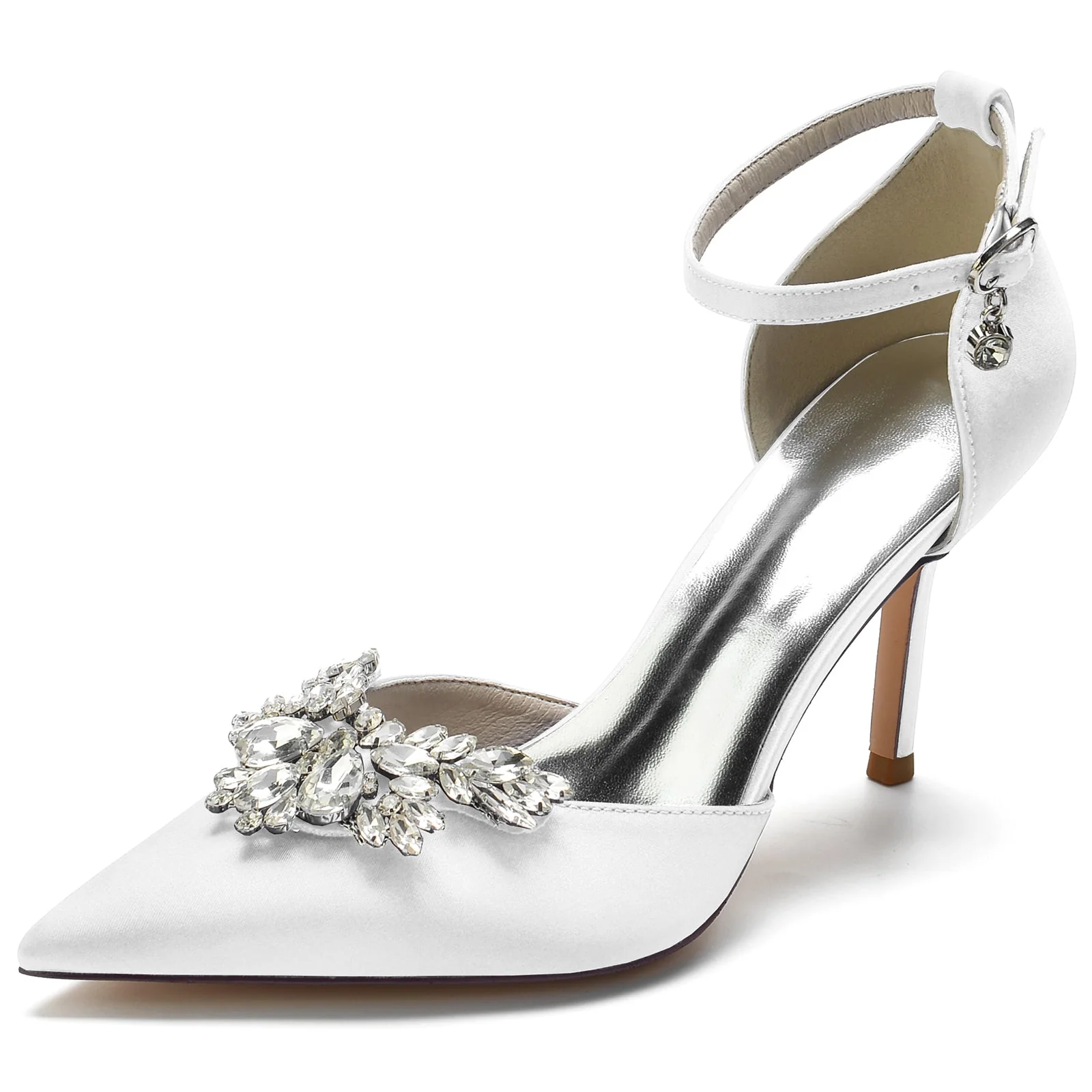 Women's Silk Satin Ankle Strap Rhinestone Closed Toe Stiletto Heel Wedding Shoes - Image 6