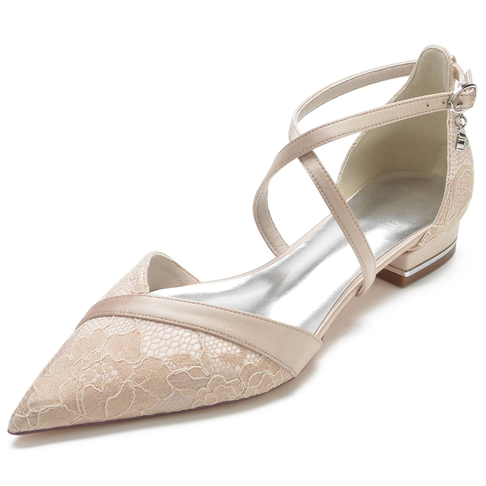 Women's Silk Satin Ankle Strap With Lace Closed Toe Flat Heel Party Shoes - Image 6