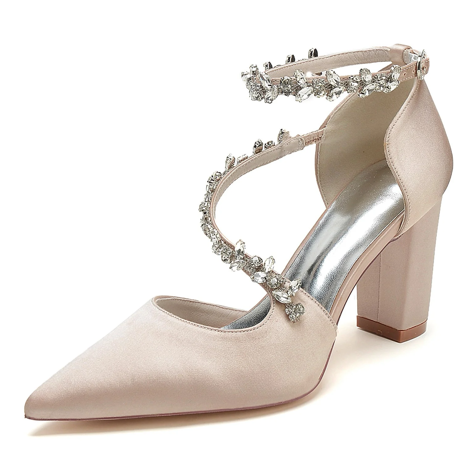 Women's Silk Satin Ankle Strap With Rhinestone Closed Toe Chunky Heel Evening Shoes - Image 11