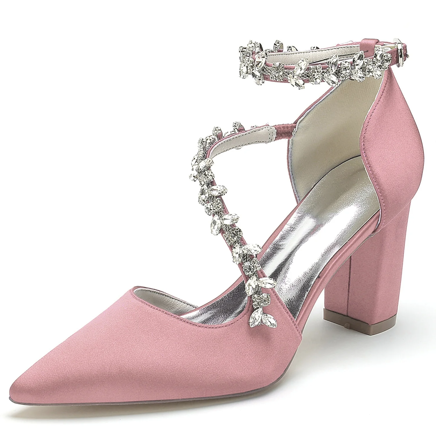 Women's Silk Satin Ankle Strap With Rhinestone Closed Toe Chunky Heel Evening Shoes - Image 5