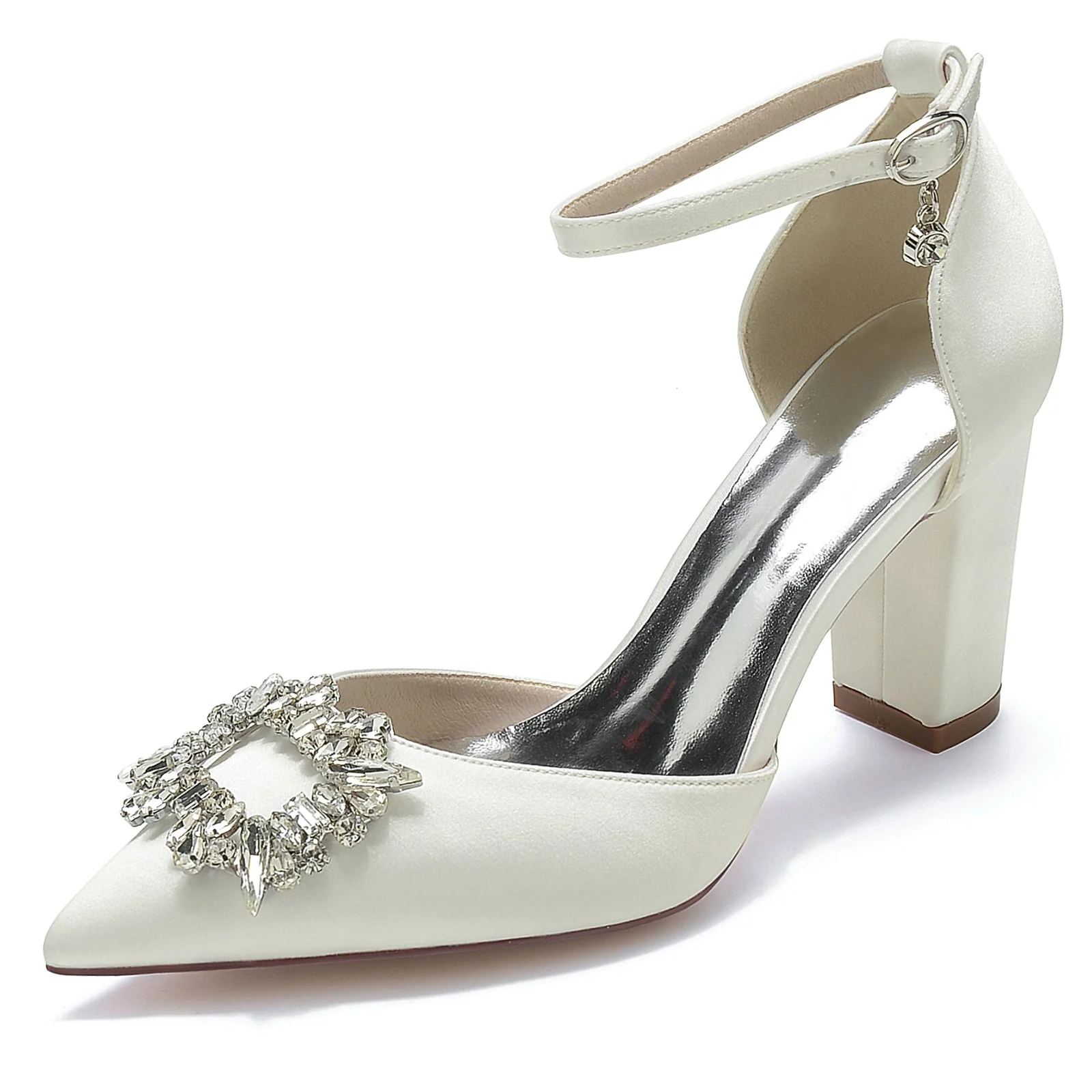 Women's Silk Satin Ankle Strap With Rhinestone Closed Toe Chunky Heel Wedding Shoes - Image 5