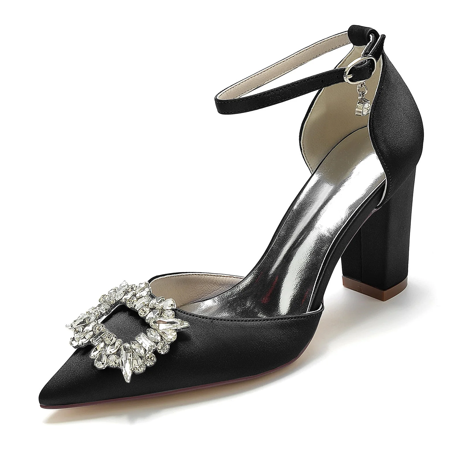 Women's Silk Satin Ankle Strap With Rhinestone Closed Toe Chunky Heel Wedding Shoes - Image 7