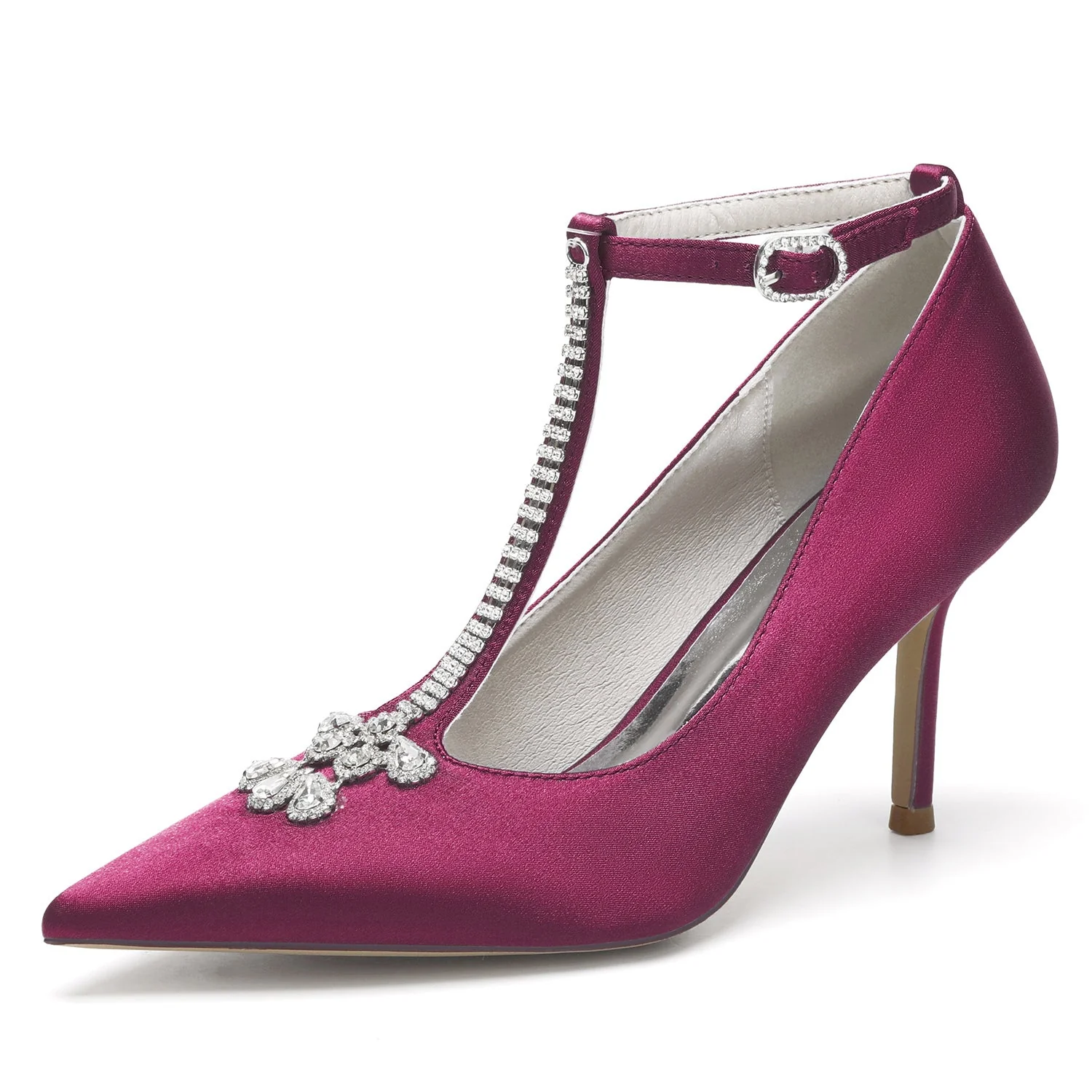 Women's Silk Satin Ankle Strap With Rhinestone Closed Toe Stiletto Heel Evening Shoes - Image 12