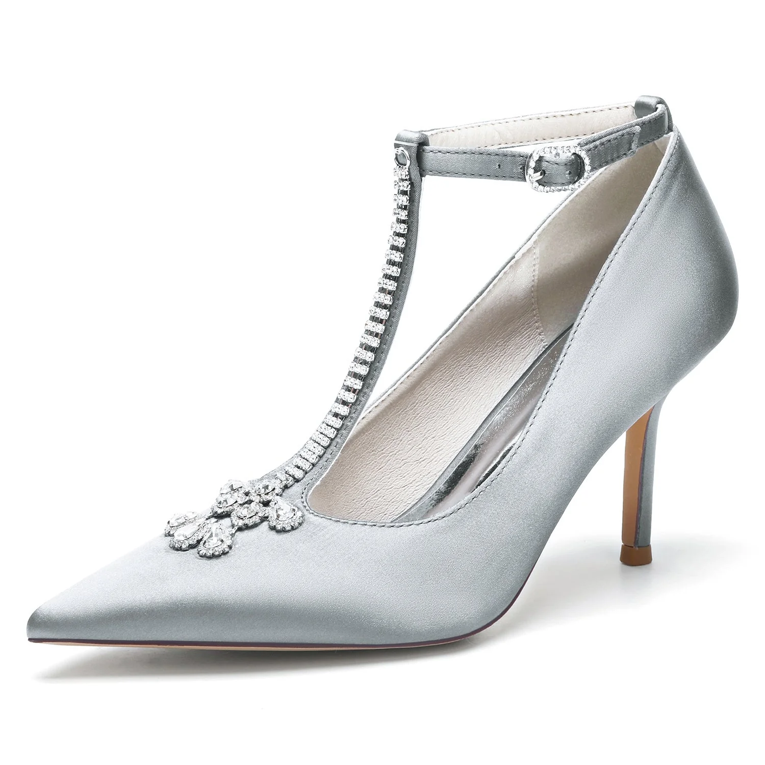 Women's Silk Satin Ankle Strap With Rhinestone Closed Toe Stiletto Heel Evening Shoes - Image 9
