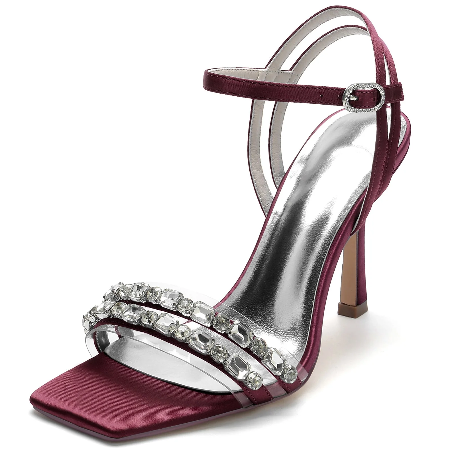 Women's Silk Satin Ankle Strap With Rhinestone Peep Toe Stiletto Heel Party Shoes - Image 11