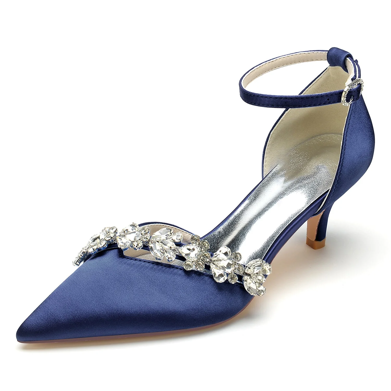 Women's Silk Satin Ankle Strap With Rhinestone Stiletto Heel Closed Toe Wedding Shoes - Image 10