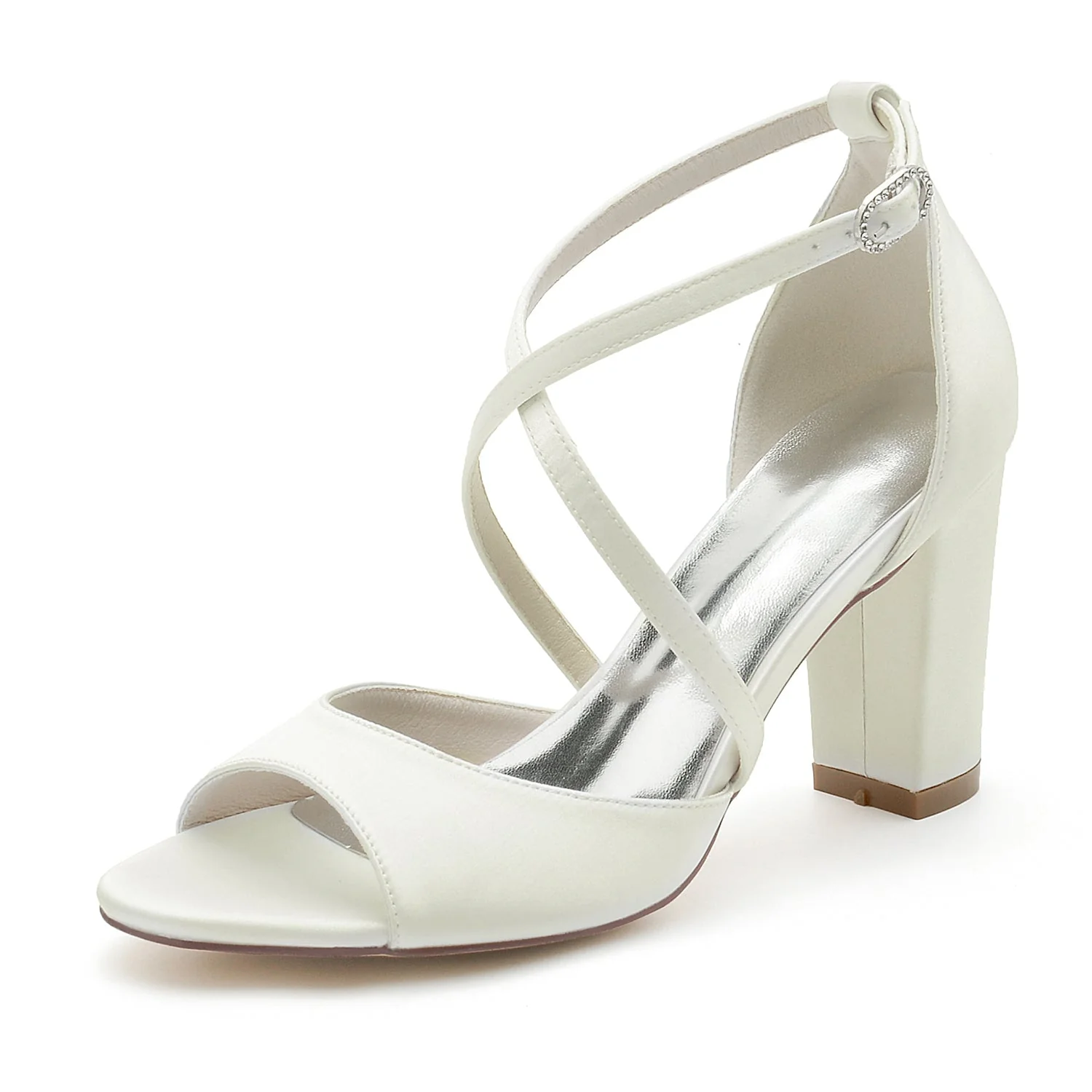 Women's Silk Satin Chunky Heel With Peep Toe Ankle Strap Wedding Shoes - Image 6