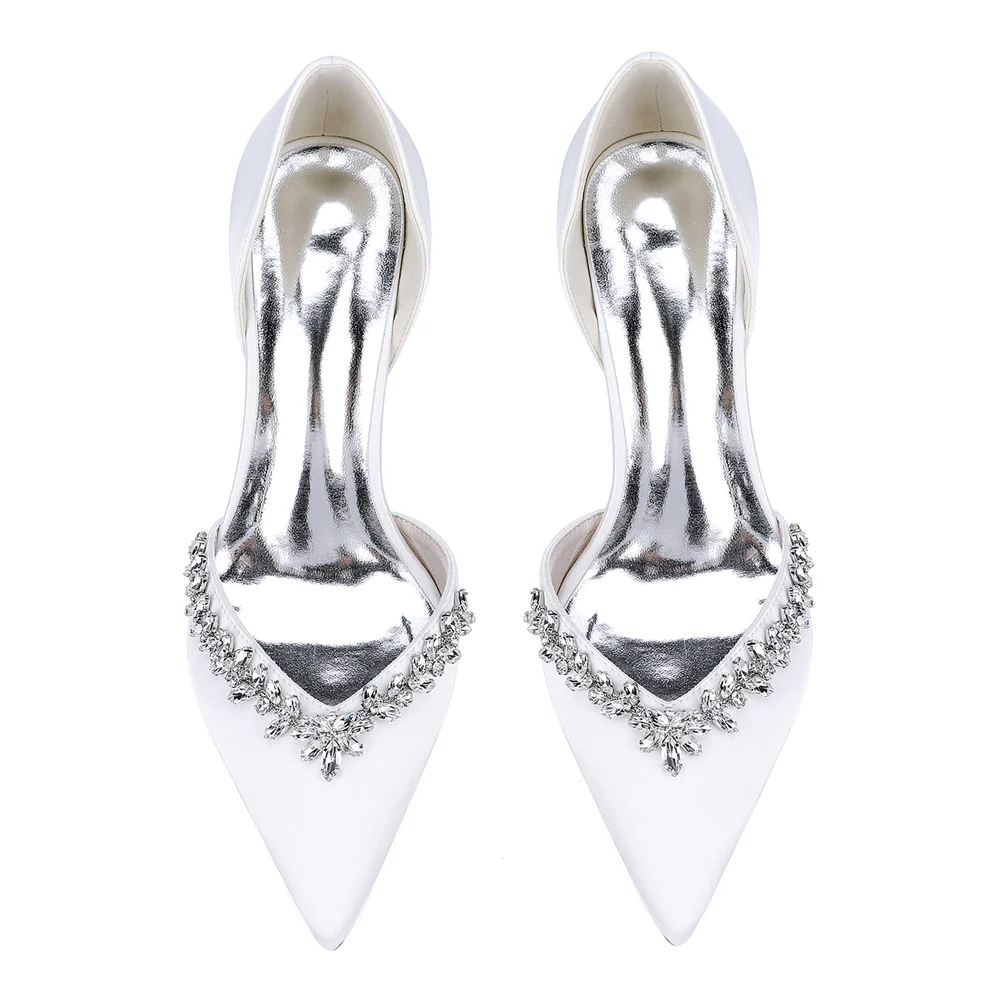 Women's Silk Satin Closed Toe Rhinestone Chunky Heel Wedding Shoes - Image 14
