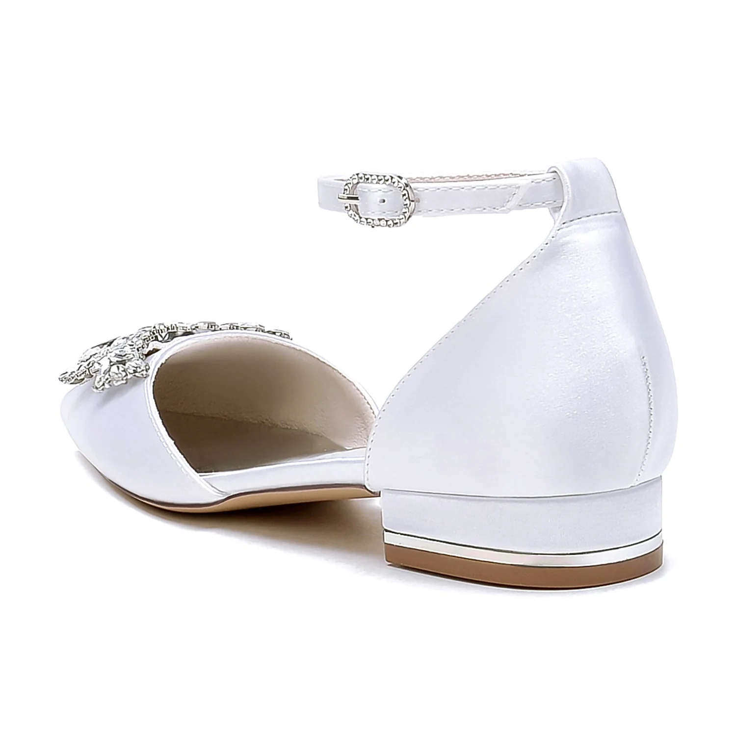 Women's Silk Satin Closed Toe With Ankle Strap Rhinestone Flat Heel Wedding Shoes - Image 2