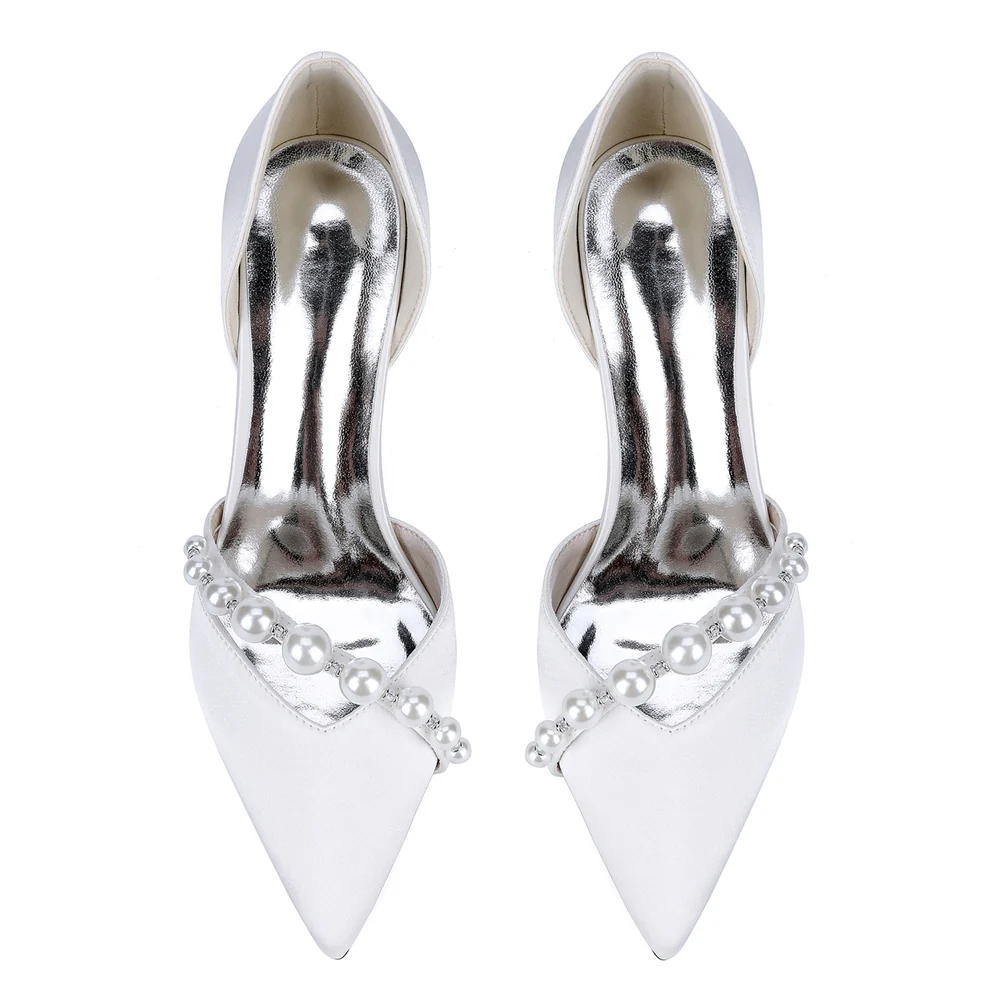 Women's Silk Satin Closed Toe With Pearl Chunky Heel Wedding Shoes - Image 14