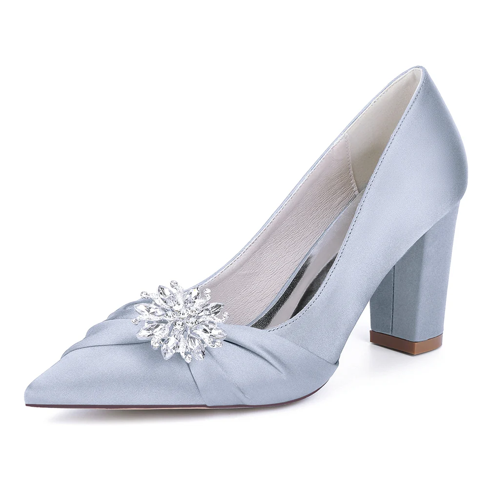 Women's Silk Satin Closed Toe With Rhinestone Chunky Heel Wedding Shoes - Image 11
