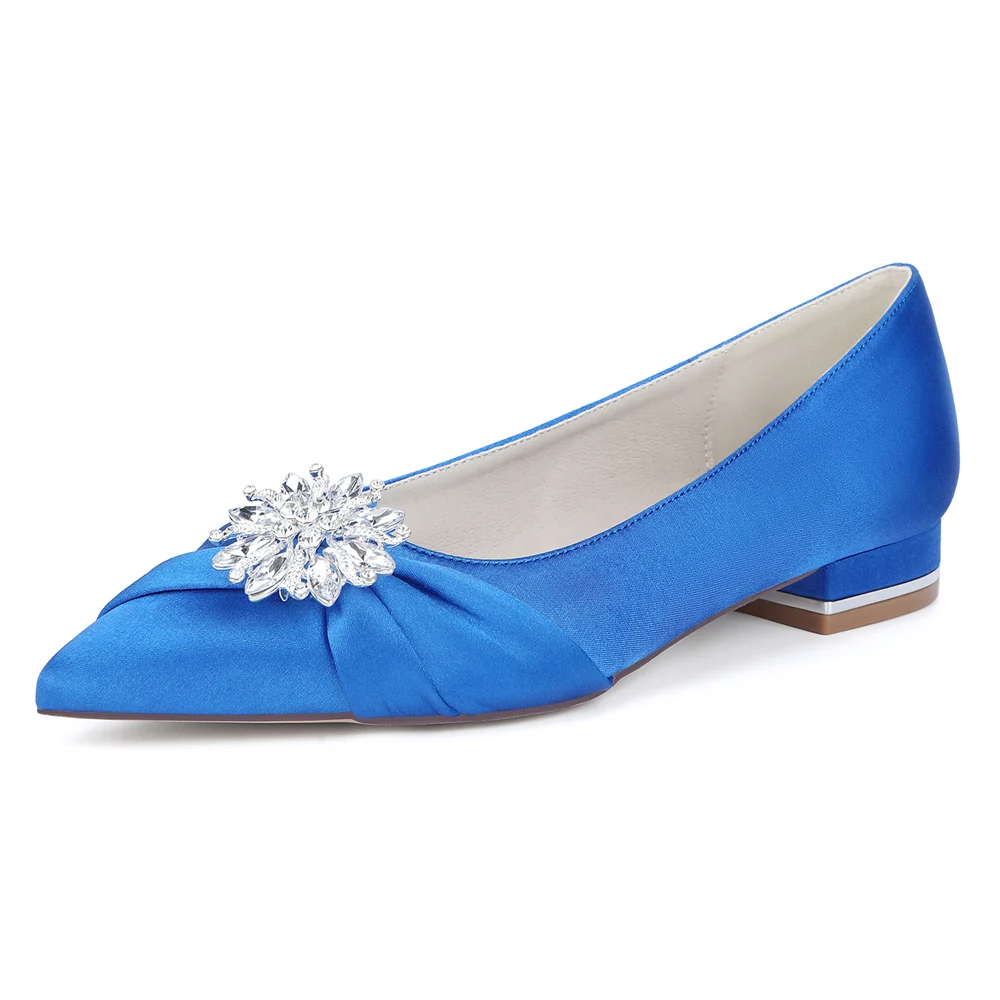 Women's Silk Satin Closed Toe With Rhinestone Flat Heel Wedding Shoes - Image 10