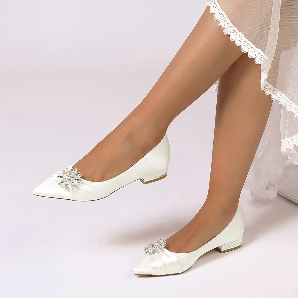 Women's Silk Satin Closed Toe With Rhinestone Flat Heel Wedding Shoes - Image 9