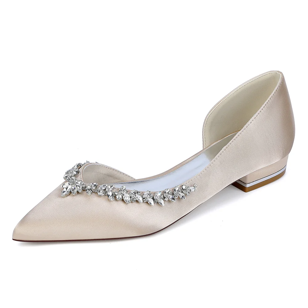 Women's Silk Satin Closed Toe With Rhinestone Flat Heel Wedding Shoes - Image 6