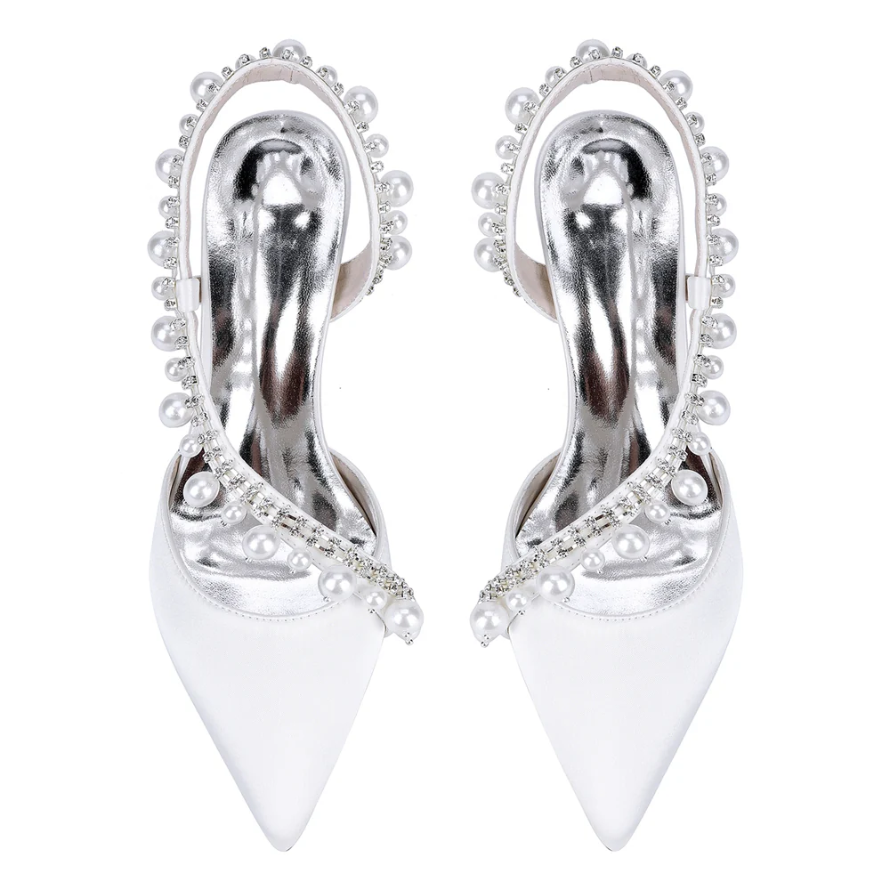 Women's Silk Satin Pearl Closed Toe With Rhinestone Stiletto Heel Evening Shoes - Image 13