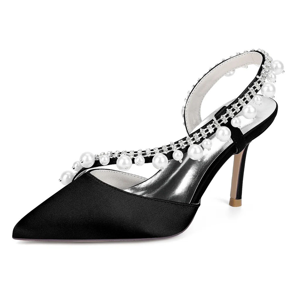 Women's Silk Satin Pearl Closed Toe With Rhinestone Stiletto Heel Evening Shoes - Image 2