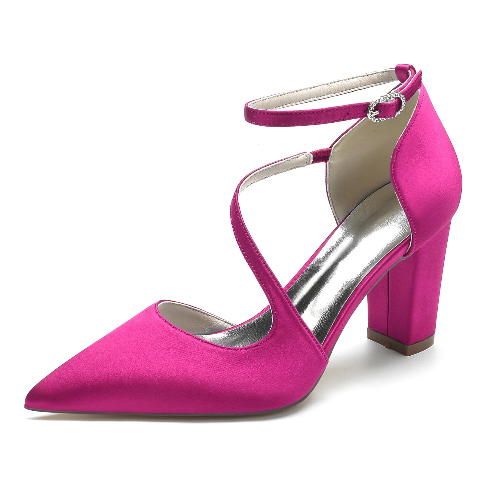 Women's Silk Satin With Ankle Strap Closed Toe Chunky Heel Evening Shoes - Image 13