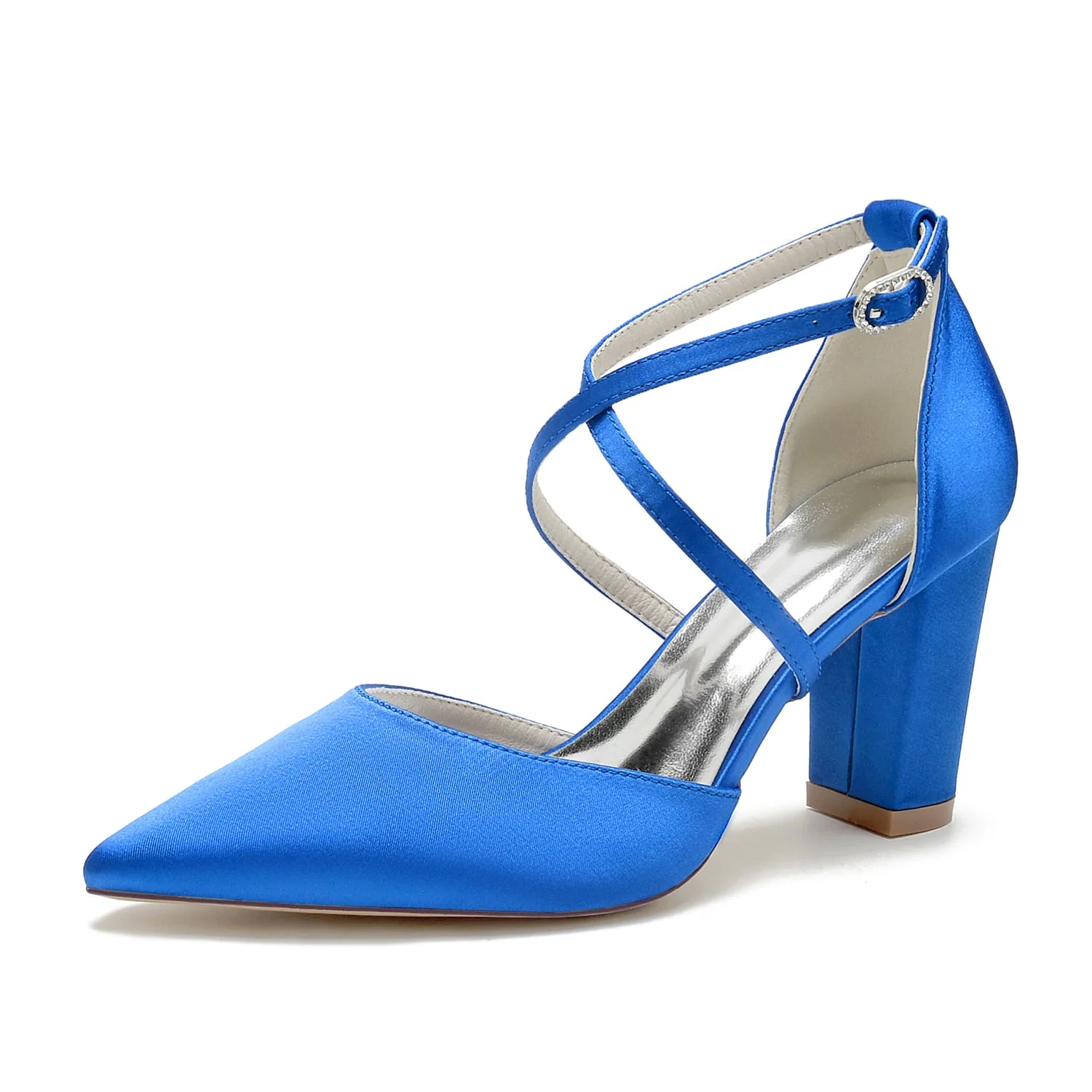 Women's Silk Satin With Ankle Strap Closed Toe Chunky Heel Wedding Shoes - Image 11