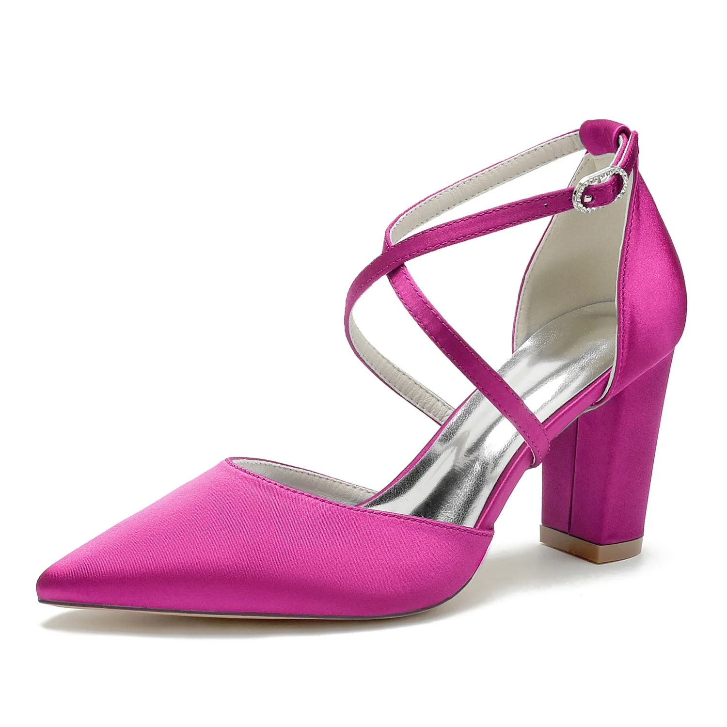 Women's Silk Satin With Ankle Strap Closed Toe Chunky Heel Wedding Shoes - Image 13