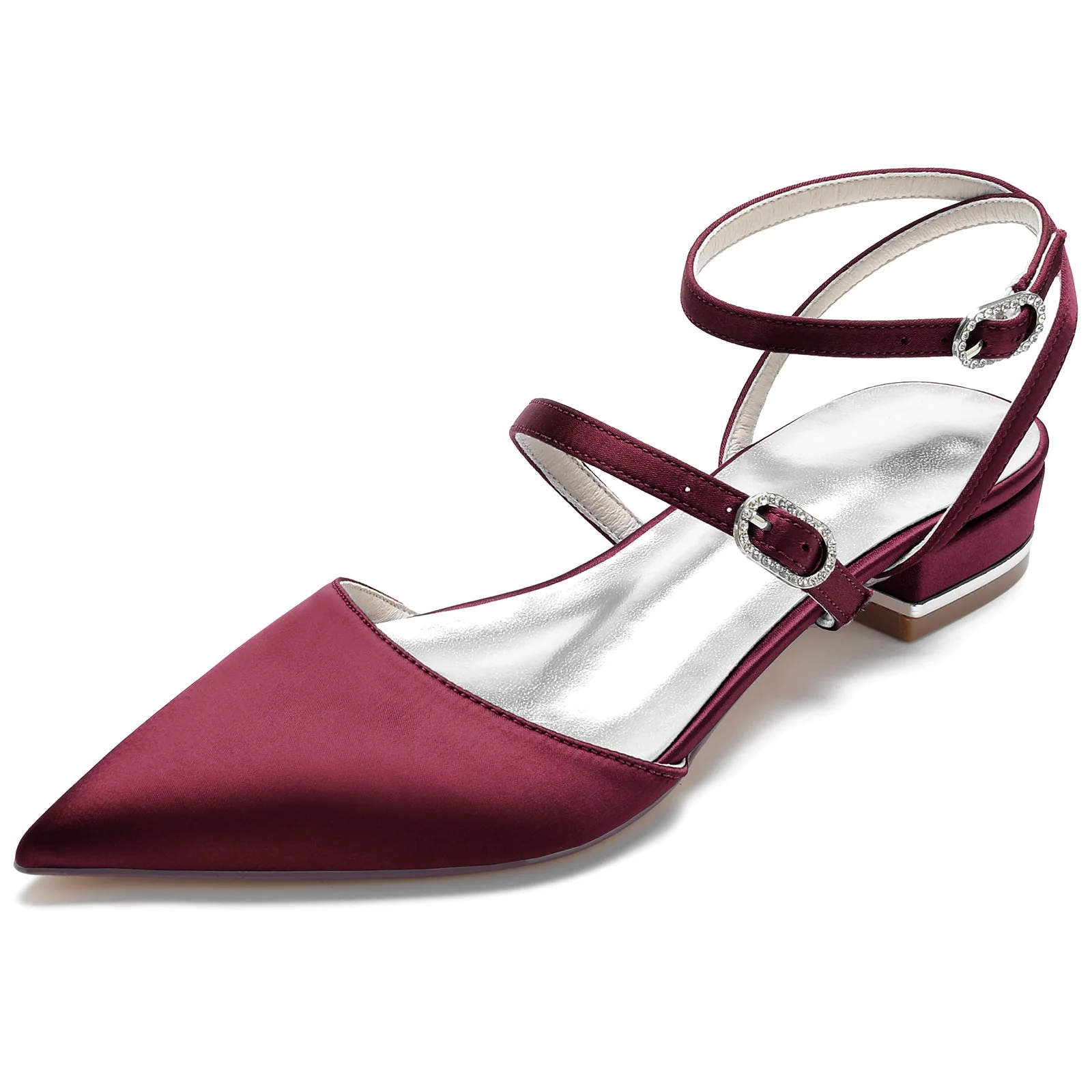 Women's Silk Satin With Ankle Strap Closed Toe Flat Heel Wedding Shoes - Image 12
