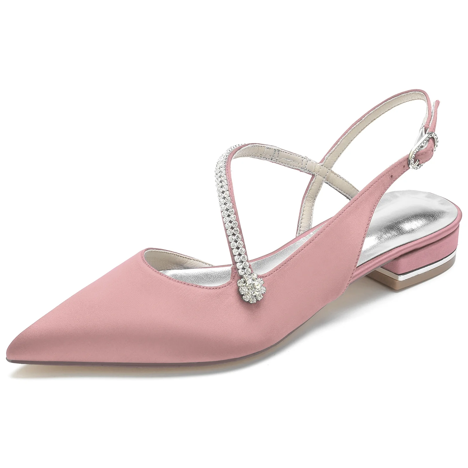 Women's Silk Satin With Ankle Strap Closed ToeRhinestone Flat Heel Evening Shoes - Image 6