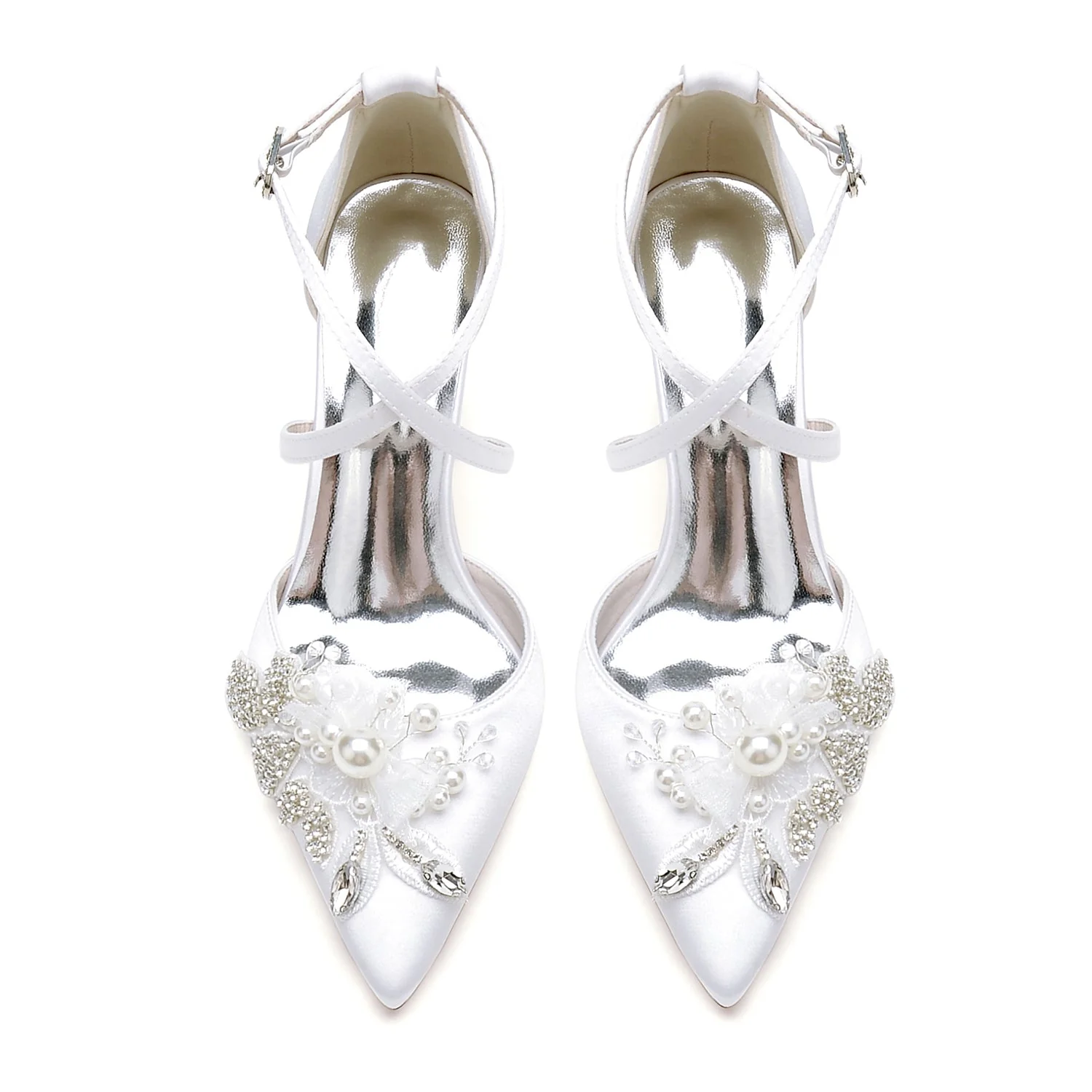 Women's Silk Satin With Ankle Strap Flower Pearl Rhinestone Closed Toe Chunky Heel Wedding Shoes - Image 4