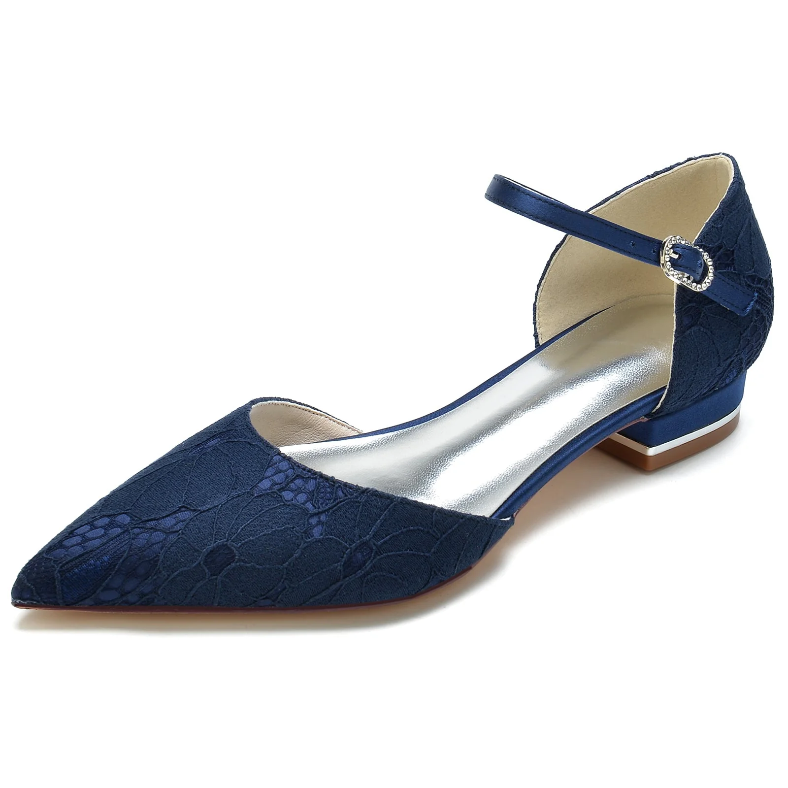 Women's Silk Satin With Ankle Strap Lace Closed Toe Flat Heel Wedding Shoes - Image 9