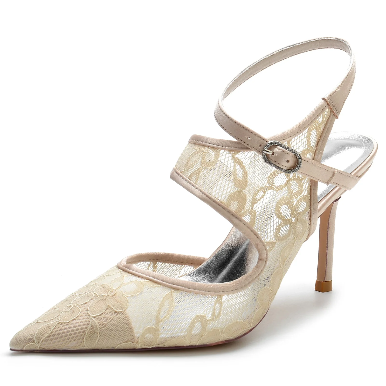 Women's Silk Satin With Ankle Strap Lace Closed Toe Stiletto Heel Party Shoes - Image 8
