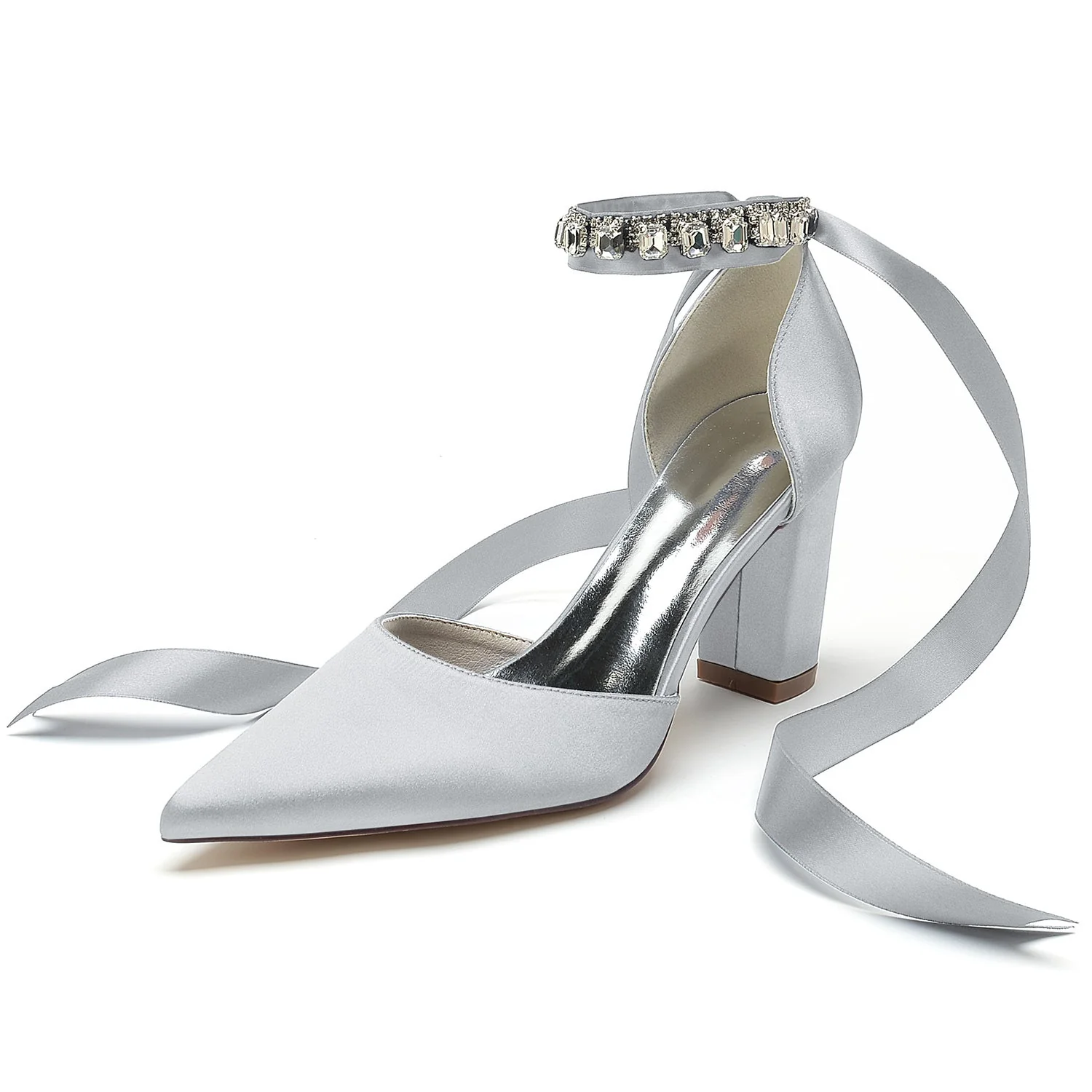 Women's Silk Satin With Ankle Strap Lace-up Closed Toe Chunky Heel Evening Shoes - Image 12