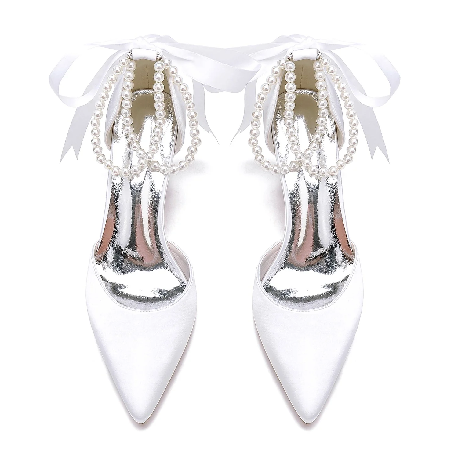 Women's Silk Satin With Ankle Strap Lace-up Pearl Closed Toe Chunky Heel Wedding Shoes - Image 4