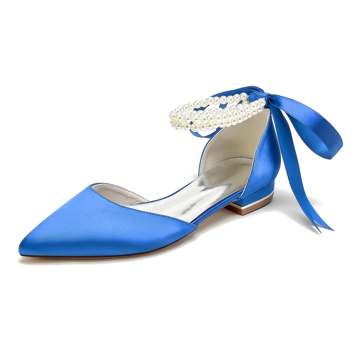 Women's Silk Satin With Ankle Strap Lace-up Pearl Closed Toe Flat Heel Evening Shoes - Image 14