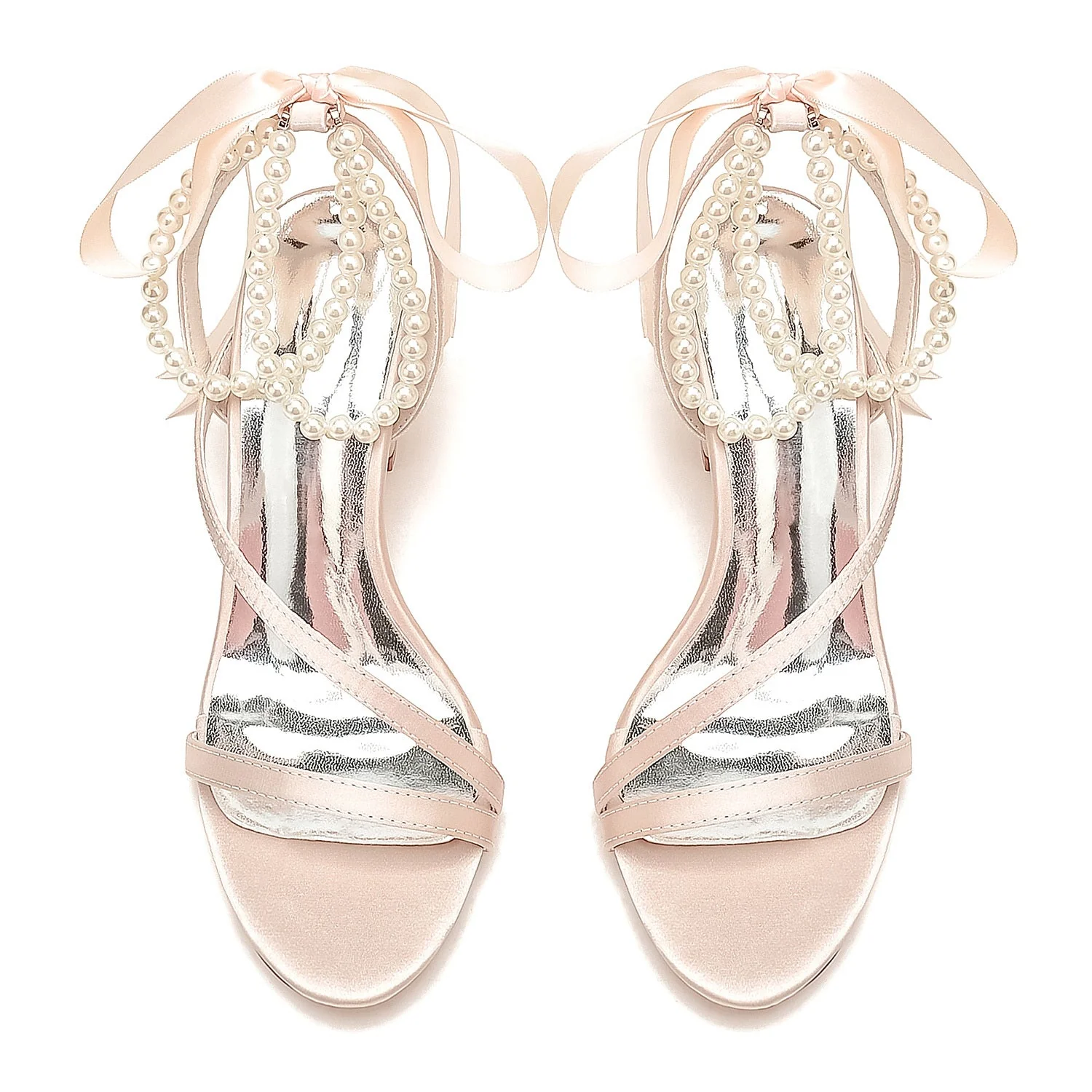 Women's Silk Satin With Ankle Strap Lace-up Pearl Peep Toe Chunky Heel Wedding Shoes - Image 10