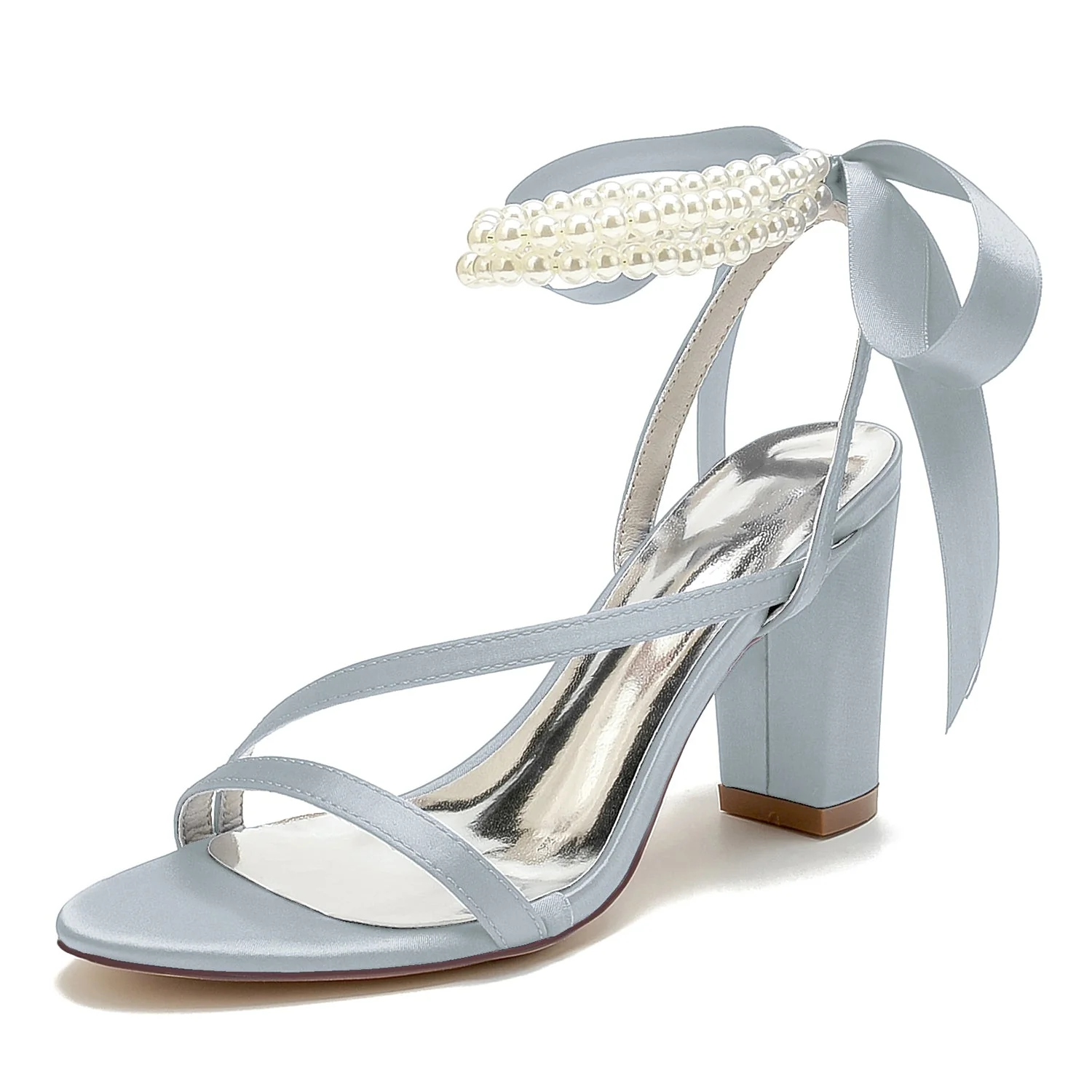Women's Silk Satin With Ankle Strap Lace-up Pearl Peep Toe Chunky Heel Wedding Shoes - Image 11
