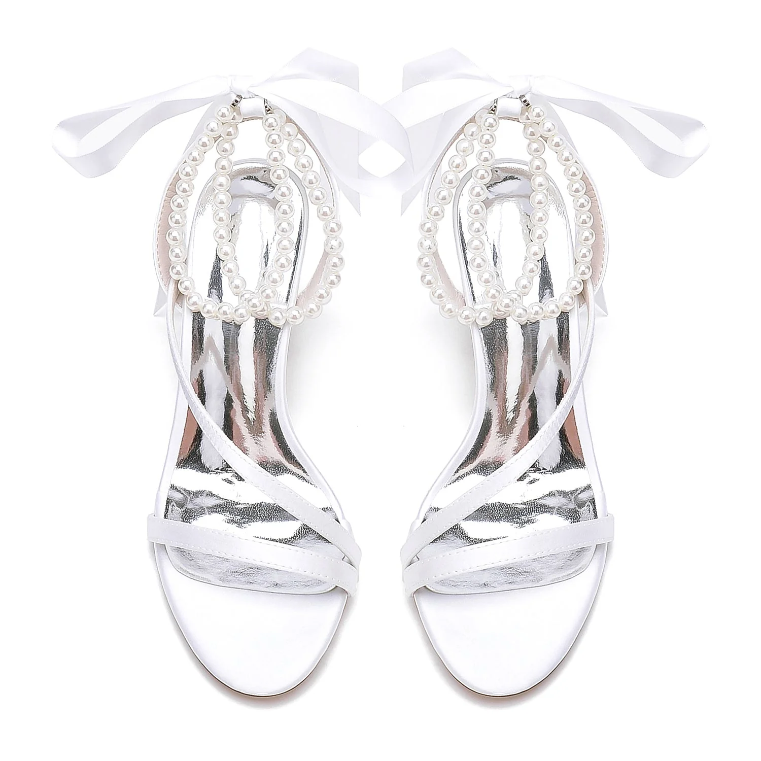 Women's Silk Satin With Ankle Strap Lace-up Pearl Peep Toe Chunky Heel Wedding Shoes - Image 5