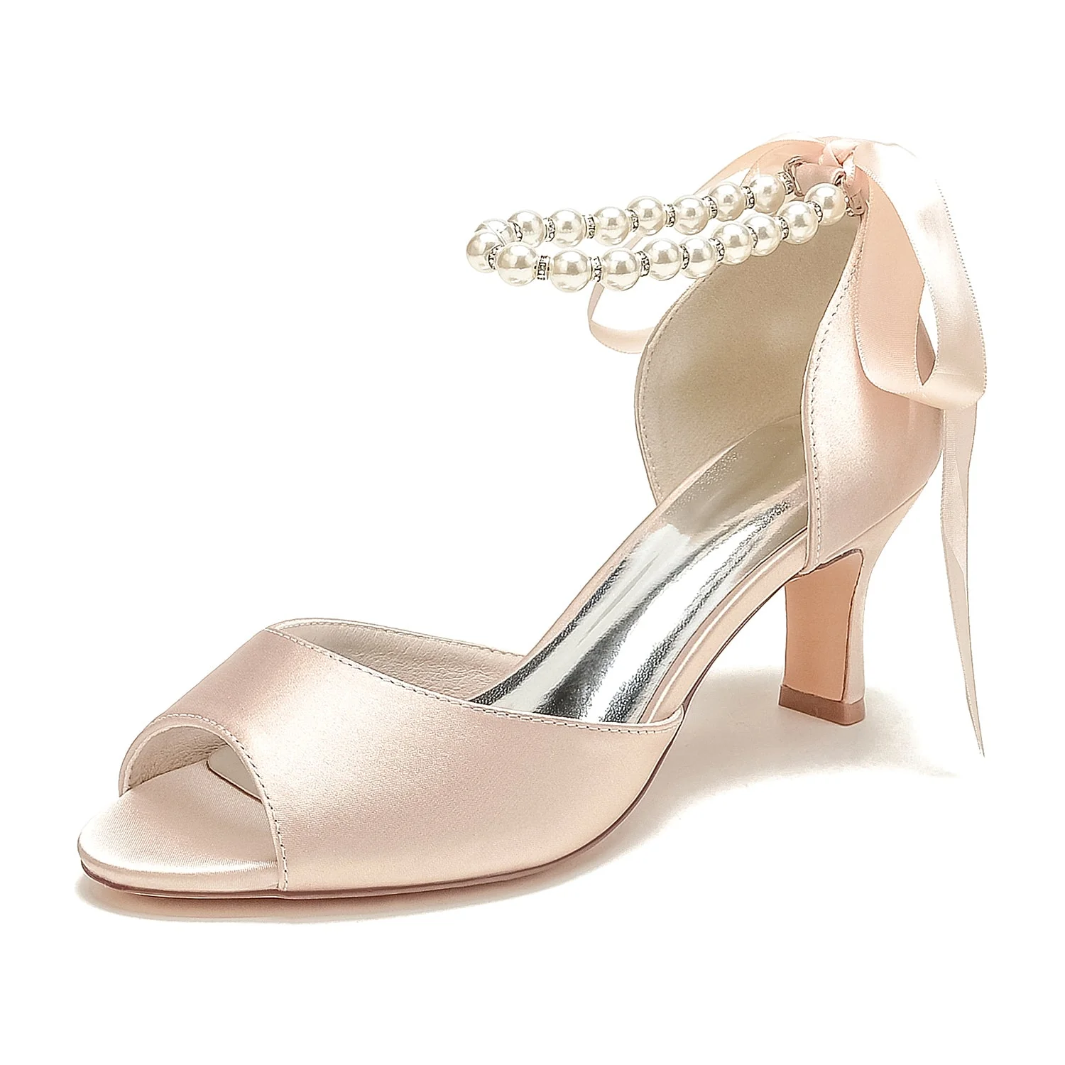 Women's Silk Satin With Ankle Strap Lace-up Pearl Peep Toe Stiletto Heel Party Shoes - Image 11