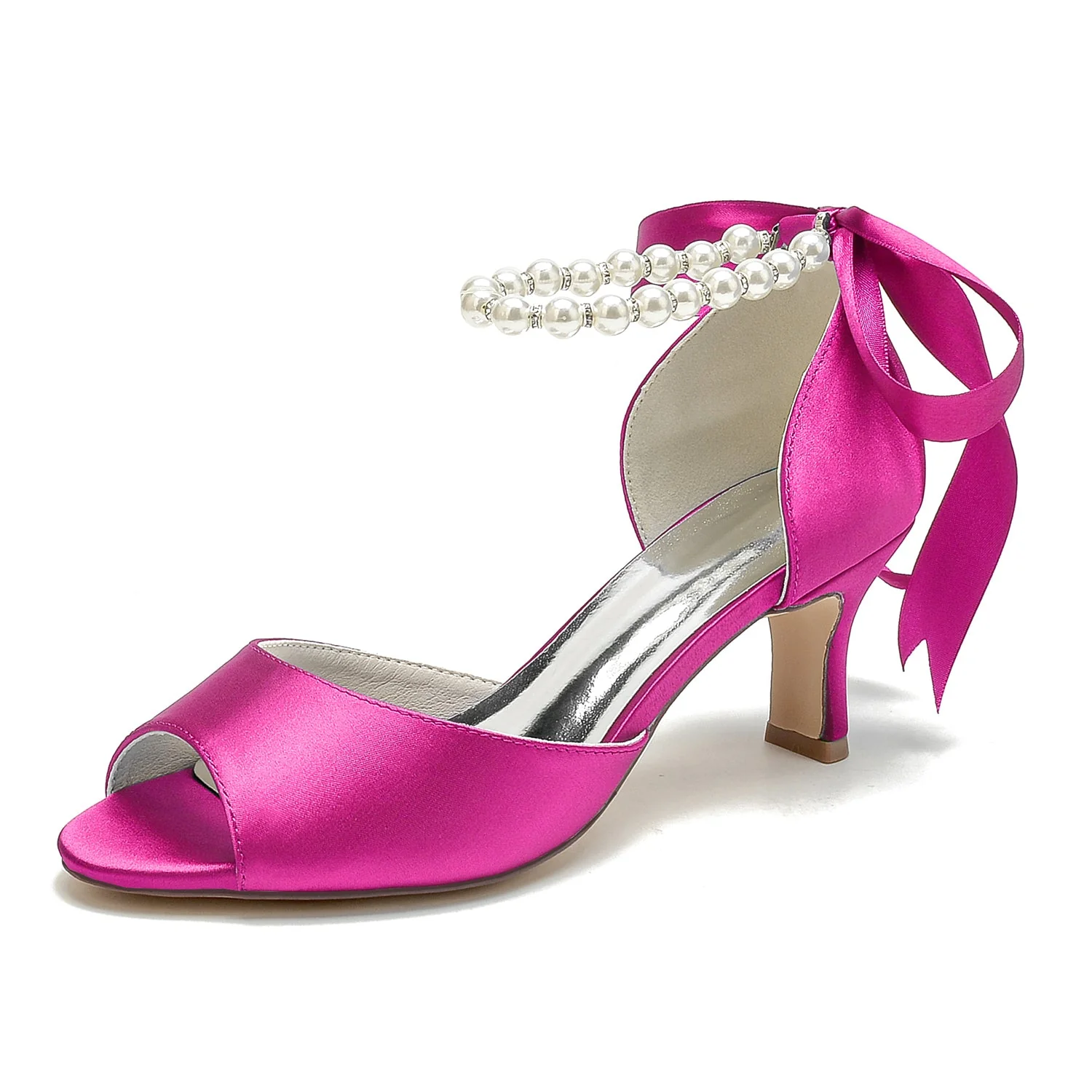 Women's Silk Satin With Ankle Strap Lace-up Pearl Peep Toe Stiletto Heel Party Shoes - Image 16