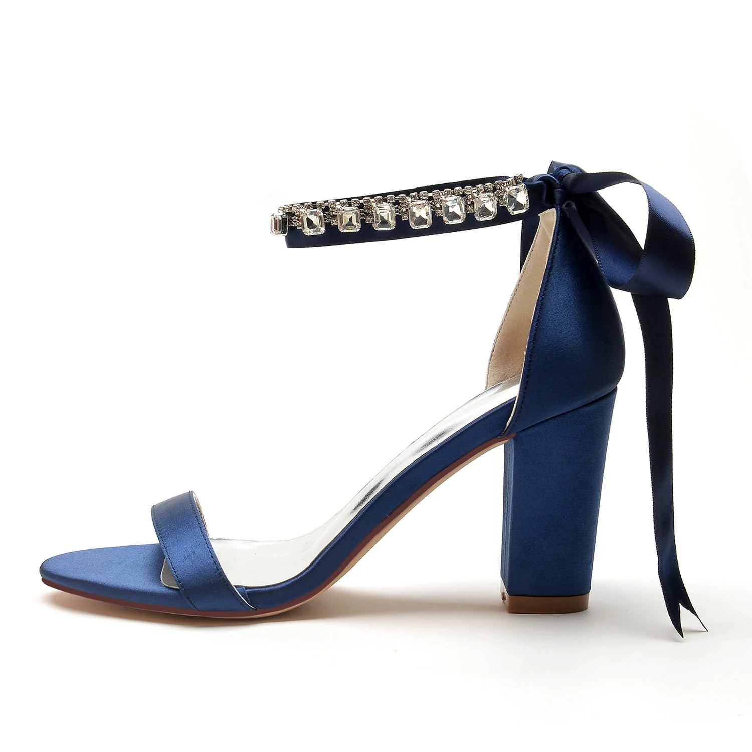 Women's Silk Satin With Ankle Strap Lace-up Rhinestone Peep Toe Chunky Heel Evening Shoes - Image 3