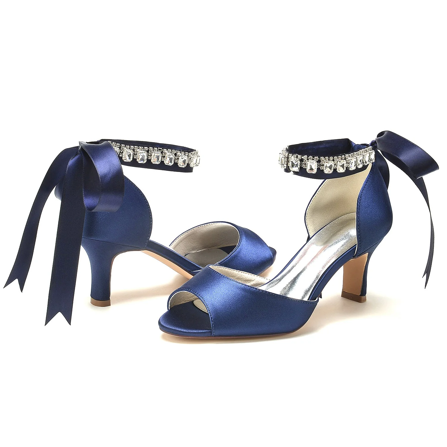Women's Silk Satin With Ankle Strap Lace-up Rhinestone Peep Toe Spool Heel Wedding Shoes - Image 13