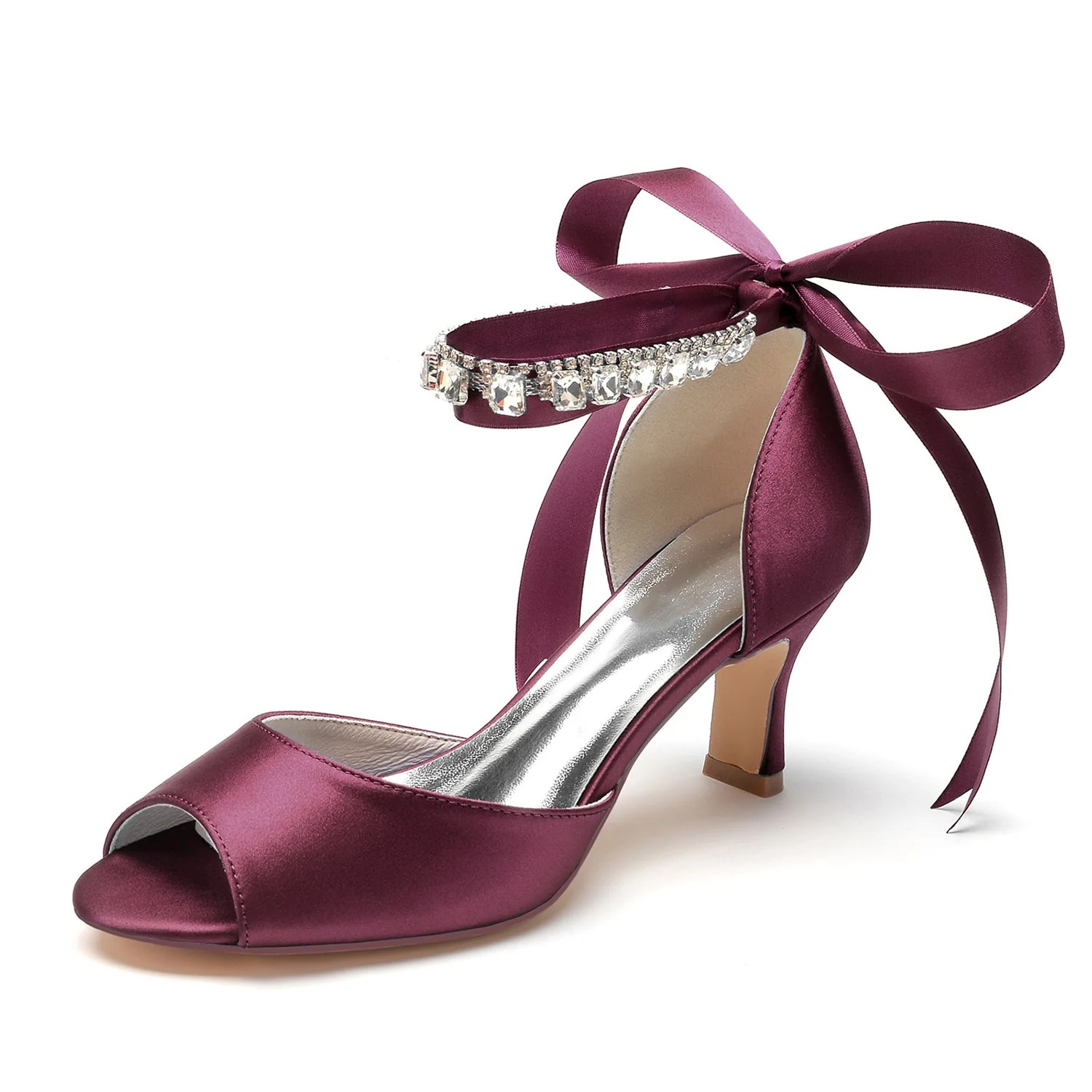 Women's Silk Satin With Ankle Strap Lace-up Rhinestone Peep Toe Spool Heel Wedding Shoes - Image 14