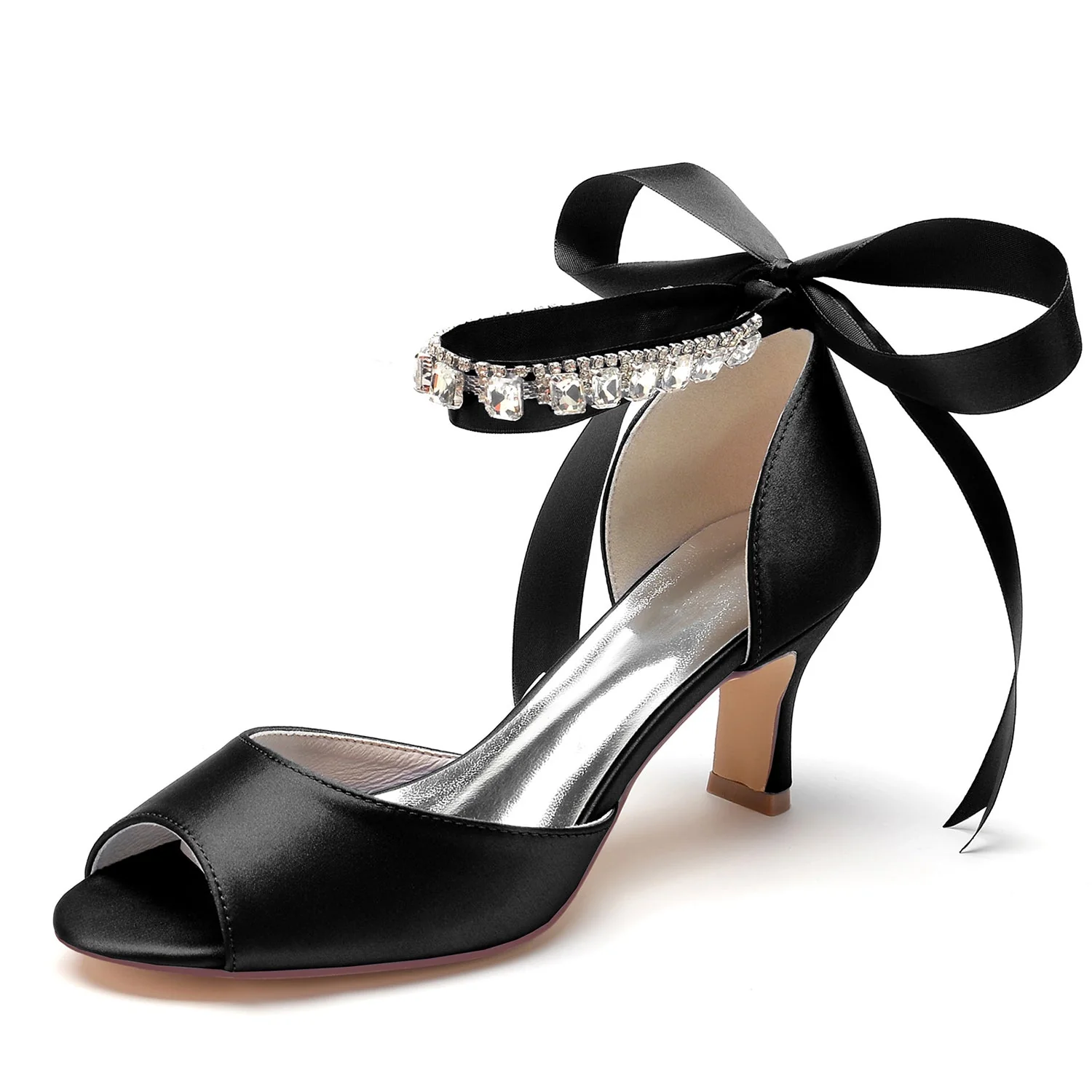 Women's Silk Satin With Ankle Strap Lace-up Rhinestone Peep Toe Spool Heel Wedding Shoes - Image 7