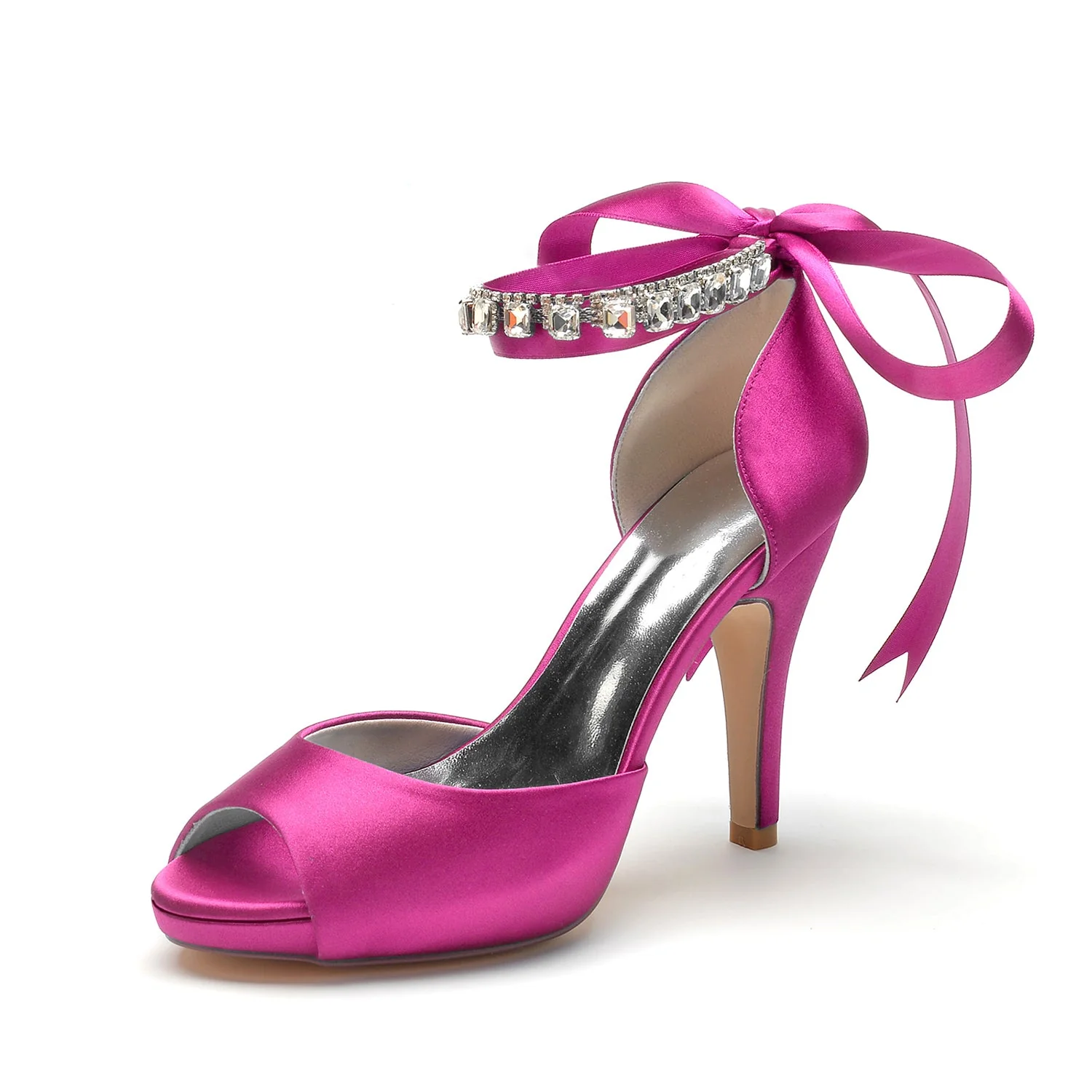 Women's Silk Satin With Ankle Strap Lace-up Rhinestone Peep Toe Stiletto Heel Evening Shoes - Image 5